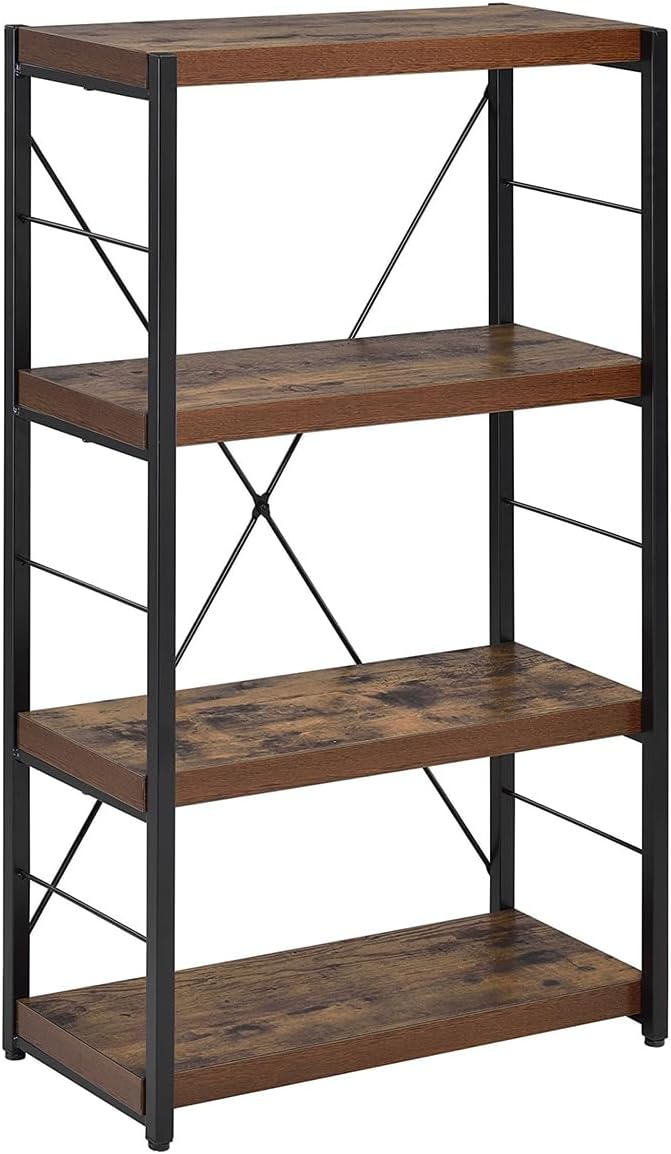 4 Tiered Metal Framed Wooden Bookshelf Weathered Oak Brown and Black - Saltoro Sherpi