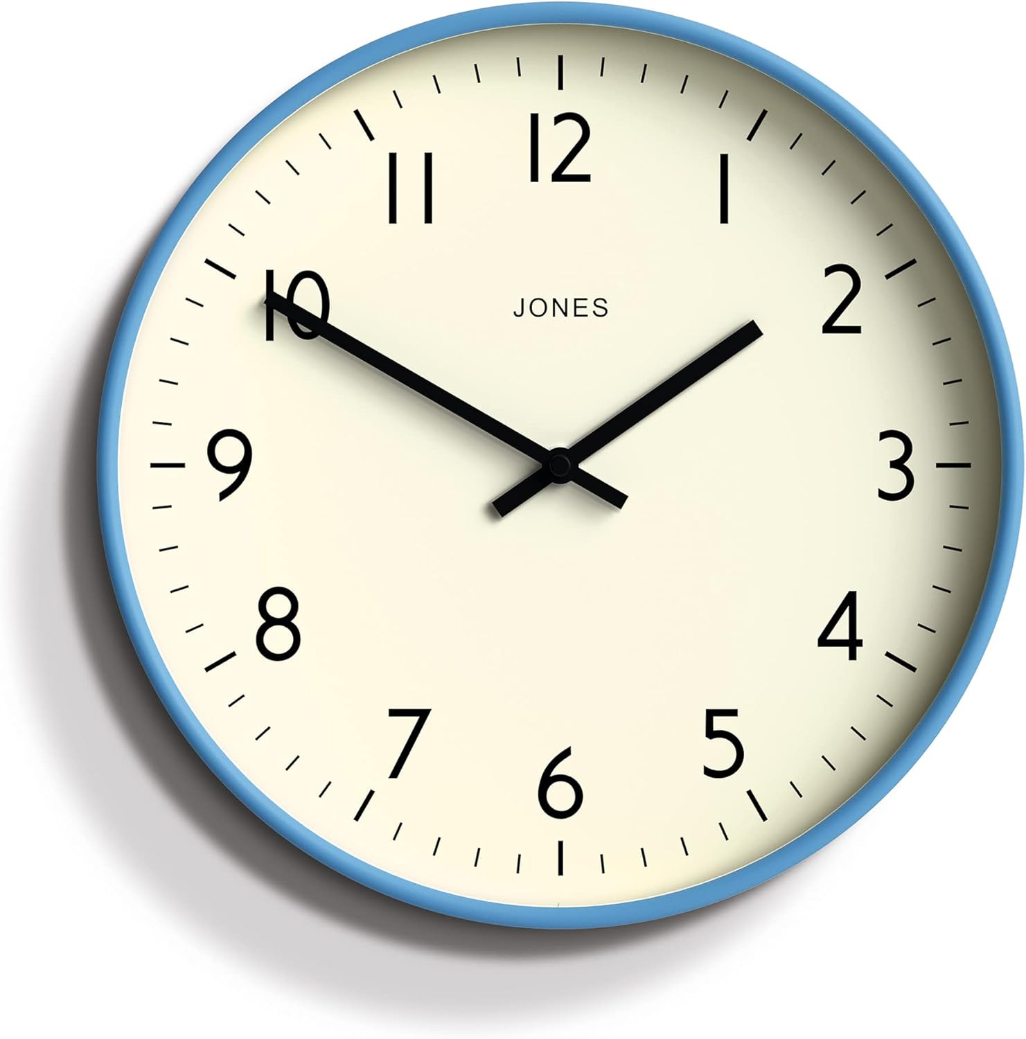 JONES CLOCKS® Studio Wall Clock | Modern Round Clock | 12 inch | Mid Blue | Easy to Read Numbers | Versatile Design for Kitchen, Living Room or Office