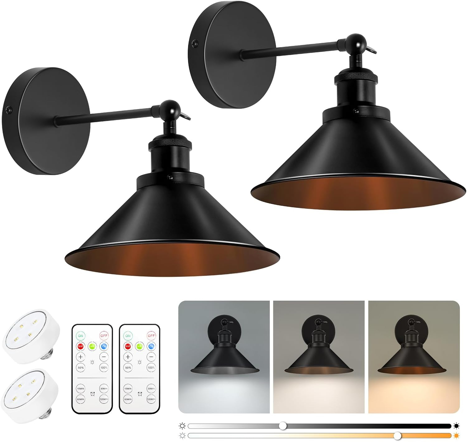 Battery Operated Wall Sconce Decor Set of 2, Black Wireless Wall Sconces with Remote, Dimmable Vintage Led Wall Lights, Wall Lamp for Bedroom Farmhouse Gallery
