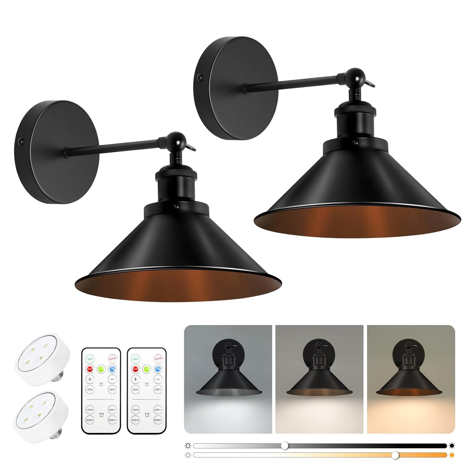 Battery Operated Wall Sconce Decor Set of 2, Black Wireless Wall Sconces with Remote, Dimmable Vintage Led Wall Lights, Wall Lamp for Bedroom Farmhouse Gallery