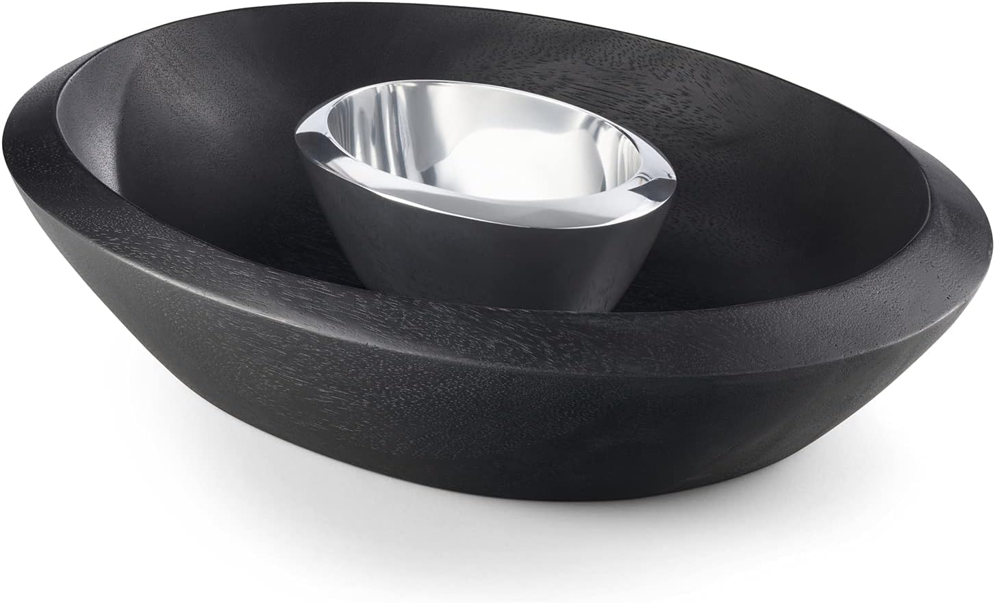 Nambe - Noir Collection Dark Stained Acacia Wood Chip & Dip Serving Bowl with Nambe Alloy Dip Bowl #MT1468