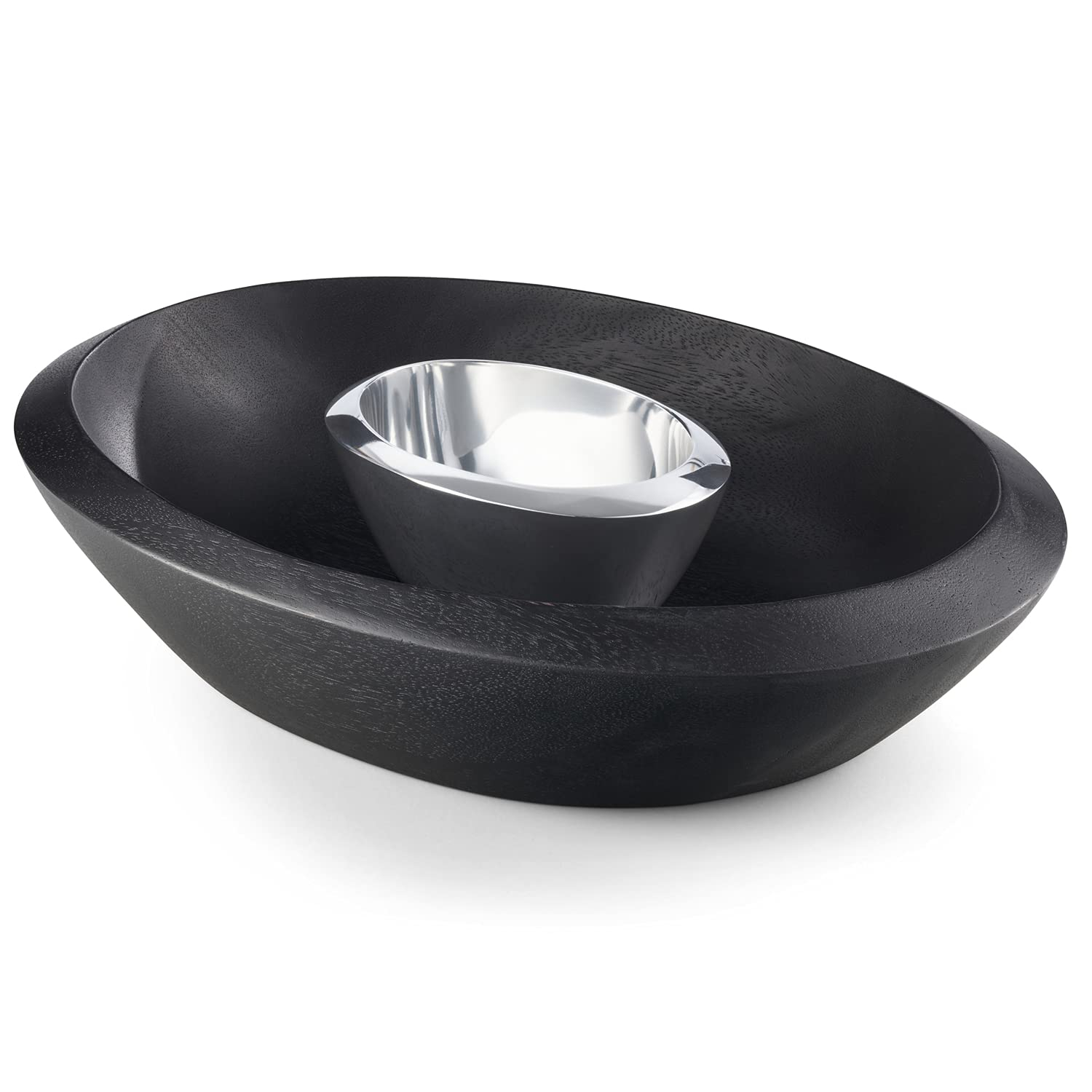 Nambe - Noir Collection Dark Stained Acacia Wood Chip & Dip Serving Bowl with Nambe Alloy Dip Bowl #MT1468