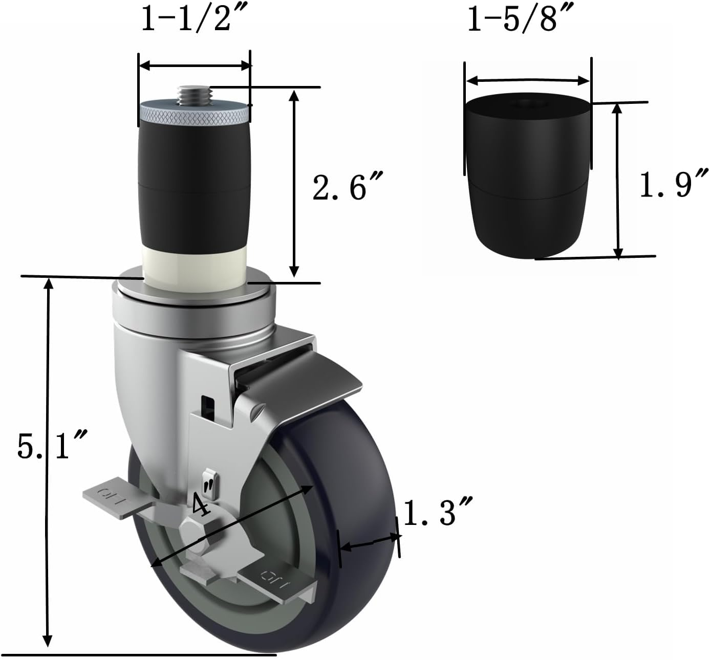 4 inch Prep Table Casters Set of 4 for Commercial Kitchen Prep Tables, Expanding Stem Caster Wheels for Table Legs All with Brake Fit 1-1/2" and 1-5/8" Inner Diameter Leg Tube Adapter Caster