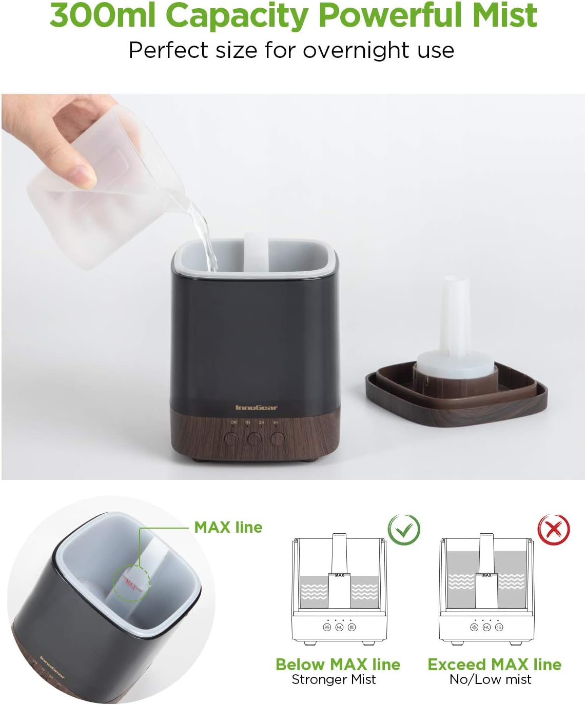 InnoGear Diffusers for Essential Oils, 300ml Oil Diffuser Aromatherapy Diffusers Aroma Ultrasonic Cool Mist Humidifier 4 Timers Color Changing Lights Auto-Off, Dark