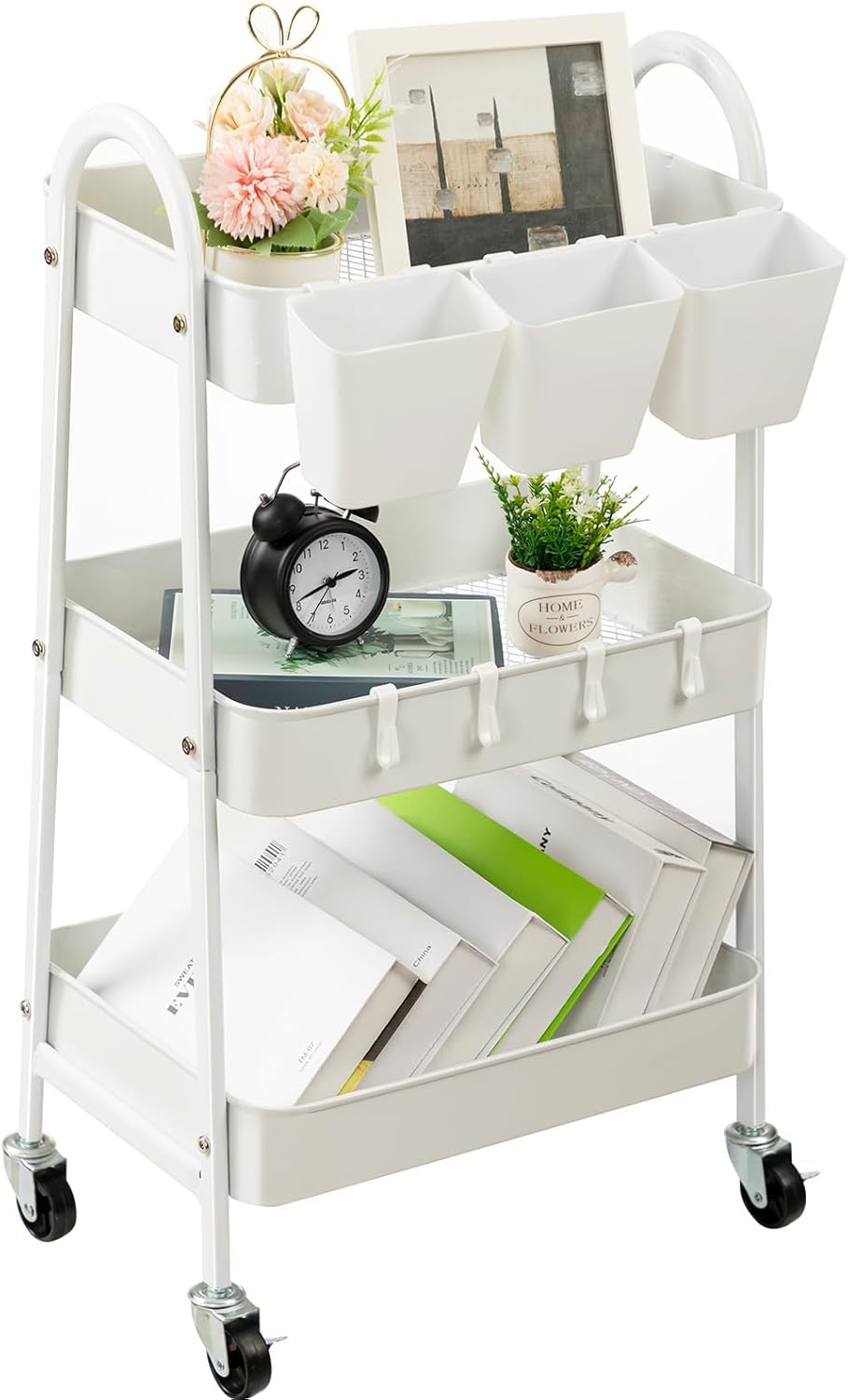 danpinera 3 Tier Metal Rolling Cart with Wheels Craft Cleaning Utility Cart for Storage-White