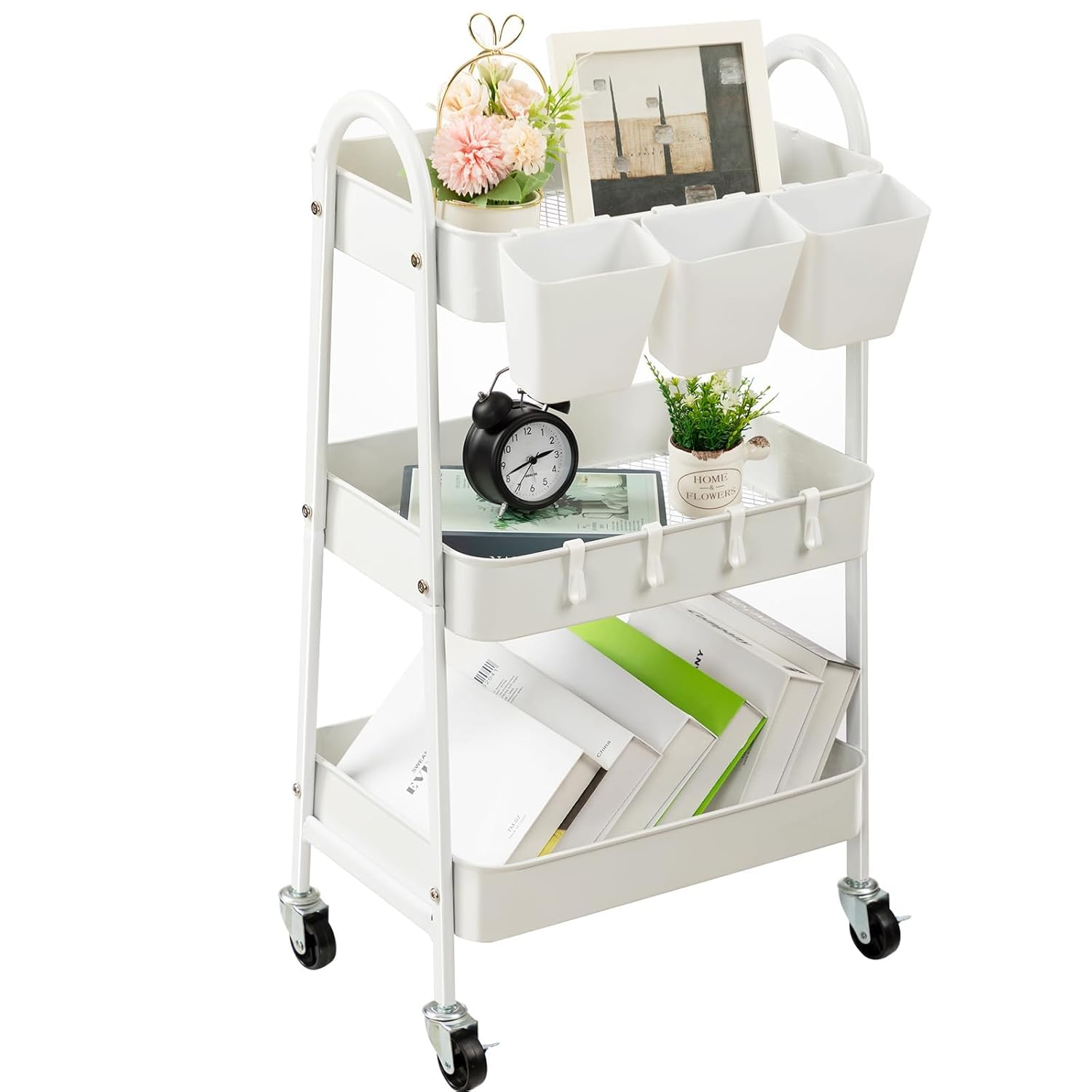 danpinera 3 Tier Metal Rolling Cart with Wheels Craft Cleaning Utility Cart for Storage-White
