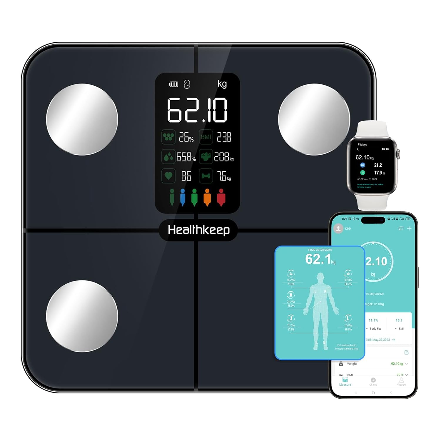 CHWARES Rechargeable Weight Scale , Scale for Body Weight with Large LCD Display, Smart Digital Scale with Body Fat 15 Metrics Body Composition Analyzer for BMI Heart Rate 400lbs, Black