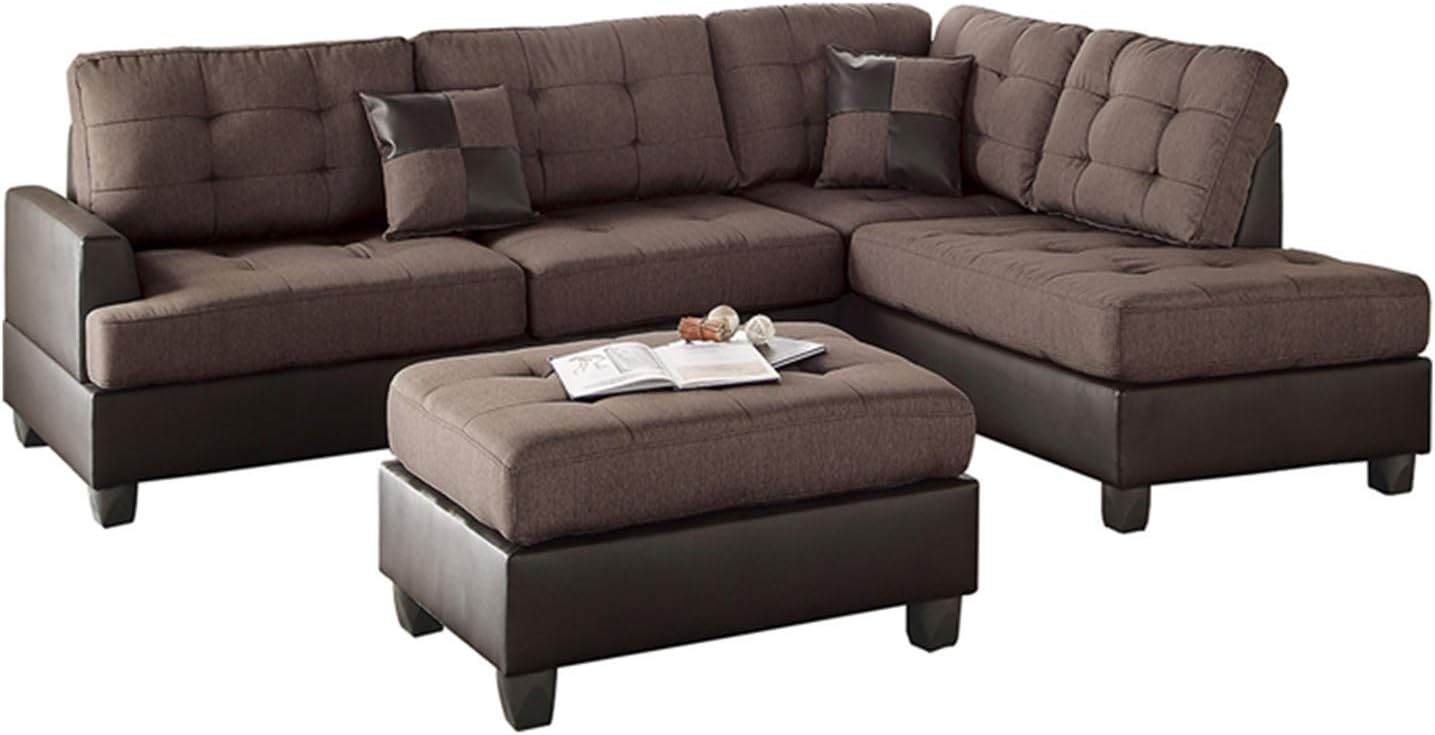 Poundex 3 Piece Fabric Sectional Sofa Set with Ottoman in Chocolate Color