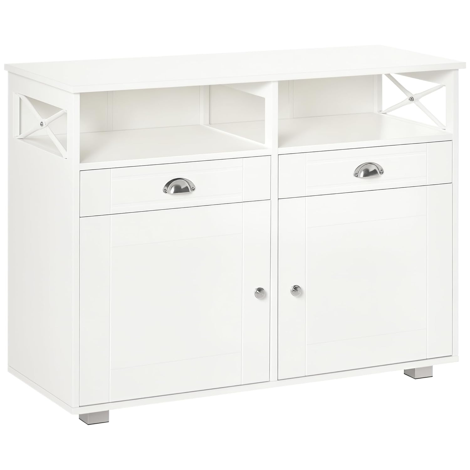 HOMCOM Sideboard Buffet, Coffee Bar, Kitchen Cabinet with Storage Drawers, Large Tabletop and Crossbar Side Design, White