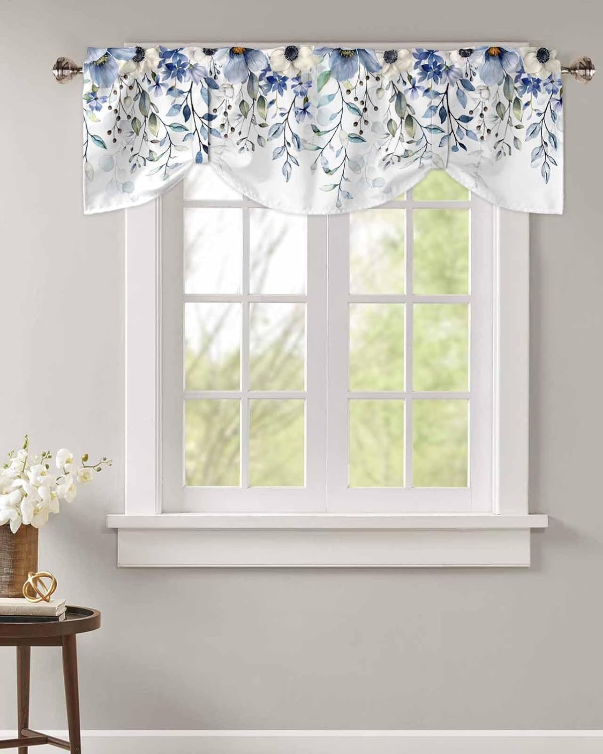 Blue Spring Floral Tie Up Valance Curtains for Windows, Summer Botanical Kitchen Curtains Window Treatments, Weeping Flower Short Window Shades Valances for Bedroom Bathroom Cafe 54"x18"