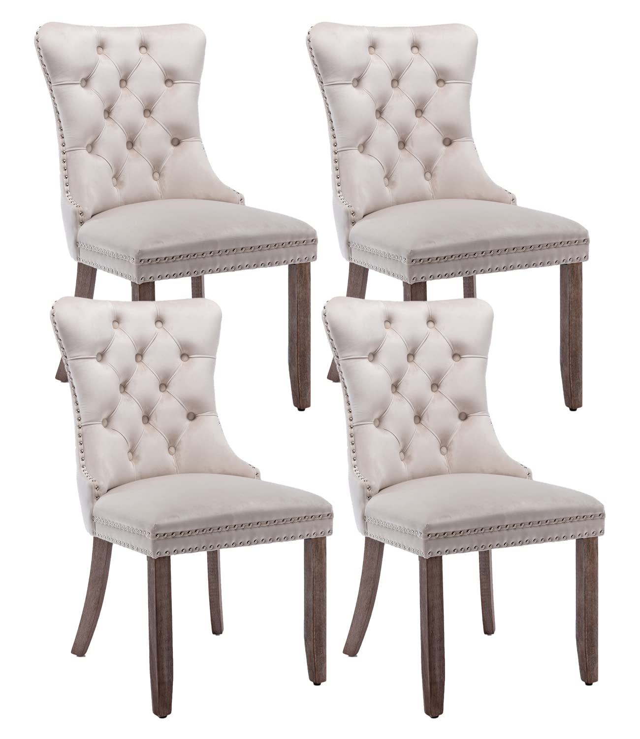 Beige Velvet Dining Chairs Set of 4, Upholstered Dining Room Chairs with Back Ring Pull Trim and Solid Wood Legs, Tufted Wingback Kitchen Chairs for Dining Room,Living Room,Kitchen(Beige)