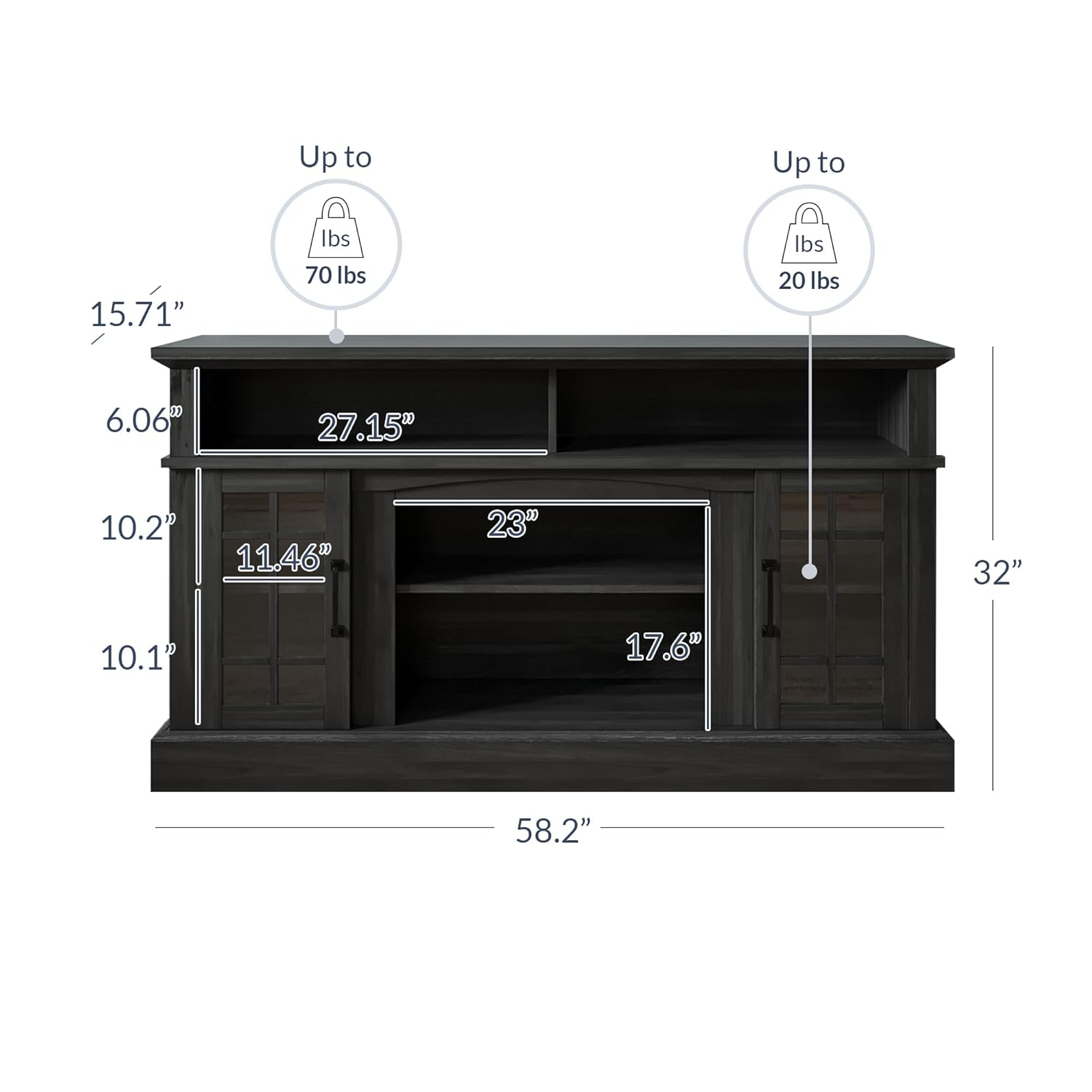 BELLEZE 58 Inch TV Stand, Rustic Wood Entertainment Center for TVs up to 65",  Contemporary Media Console Table with Two Open Shelves and Glass Door Cabinets - Astorga (Rustic Grey)