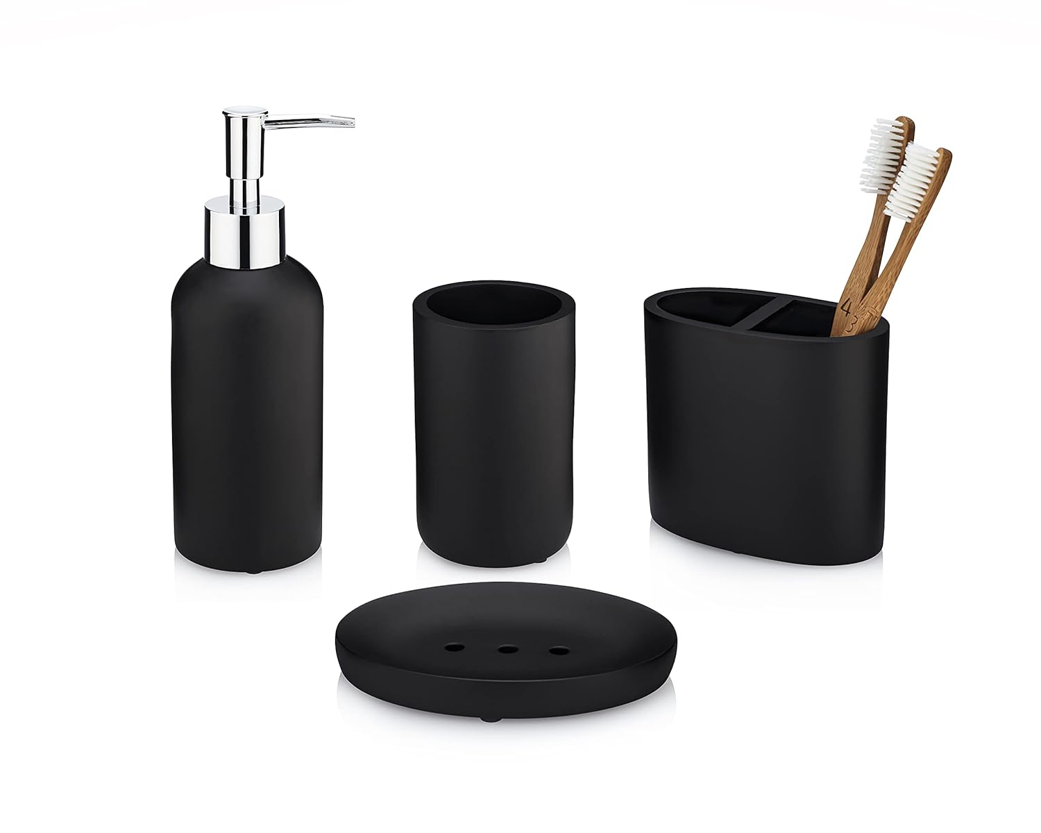 Essentra Home Matte Black Collection 4-Piece Bathroom Accessory Set. Includes: Soap Dispenser with Chrome Pump, Toothbrush Holder, Tumbler and Soap Dish