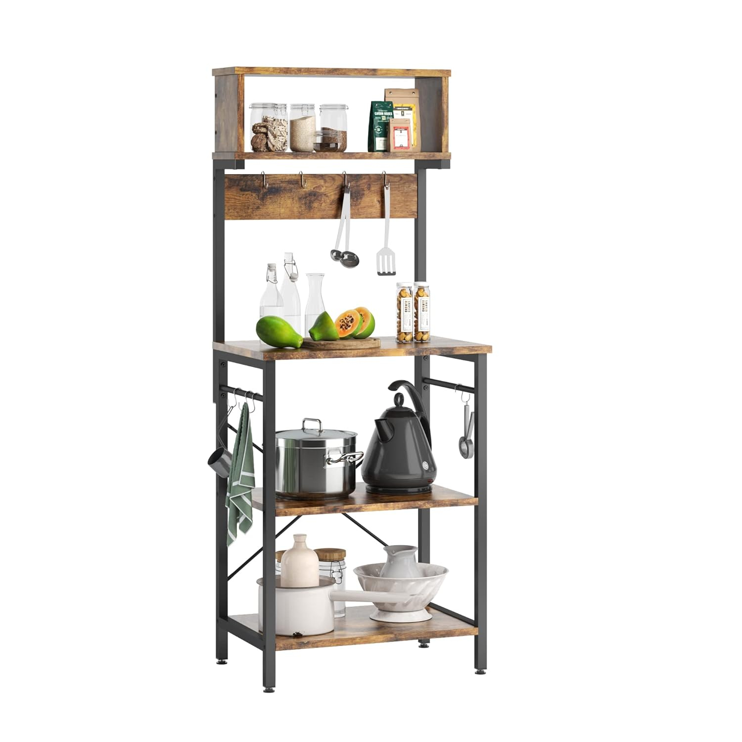 Bestier Kitchen Baker's Rack Microwave Oven Stand Kitchen Shelf with Hutch 8 Side Hooks Coffee Station Utility Storage Shelf for Kitchen Dining Room Living Room