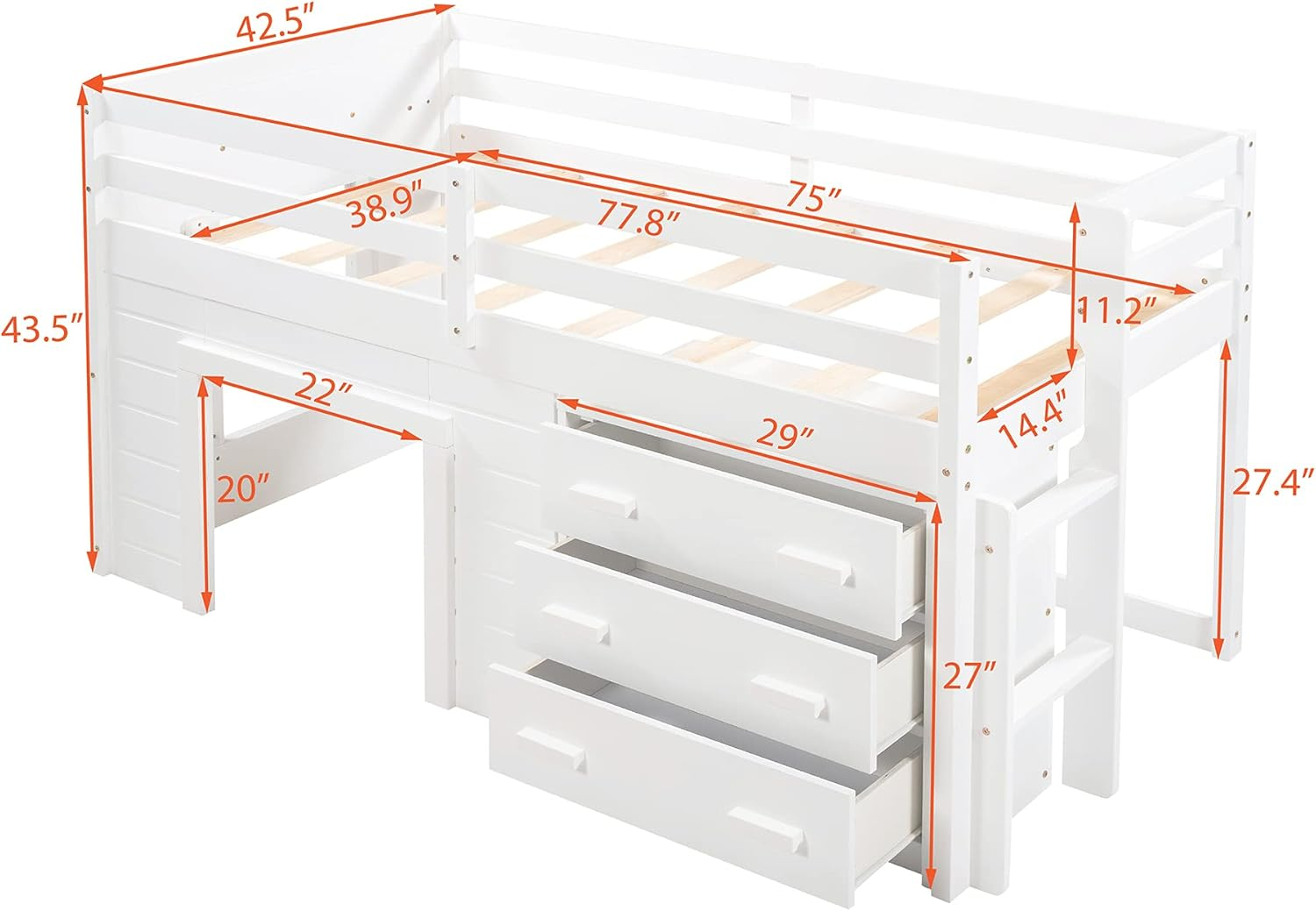 Harper & Bright Designs Low Loft Beds with Storage Drawers, Wooden Twin Loft Bed with Cabinet and Bedside Tray, Kids Loft Bed for Girls & Boys (Twin, White)
