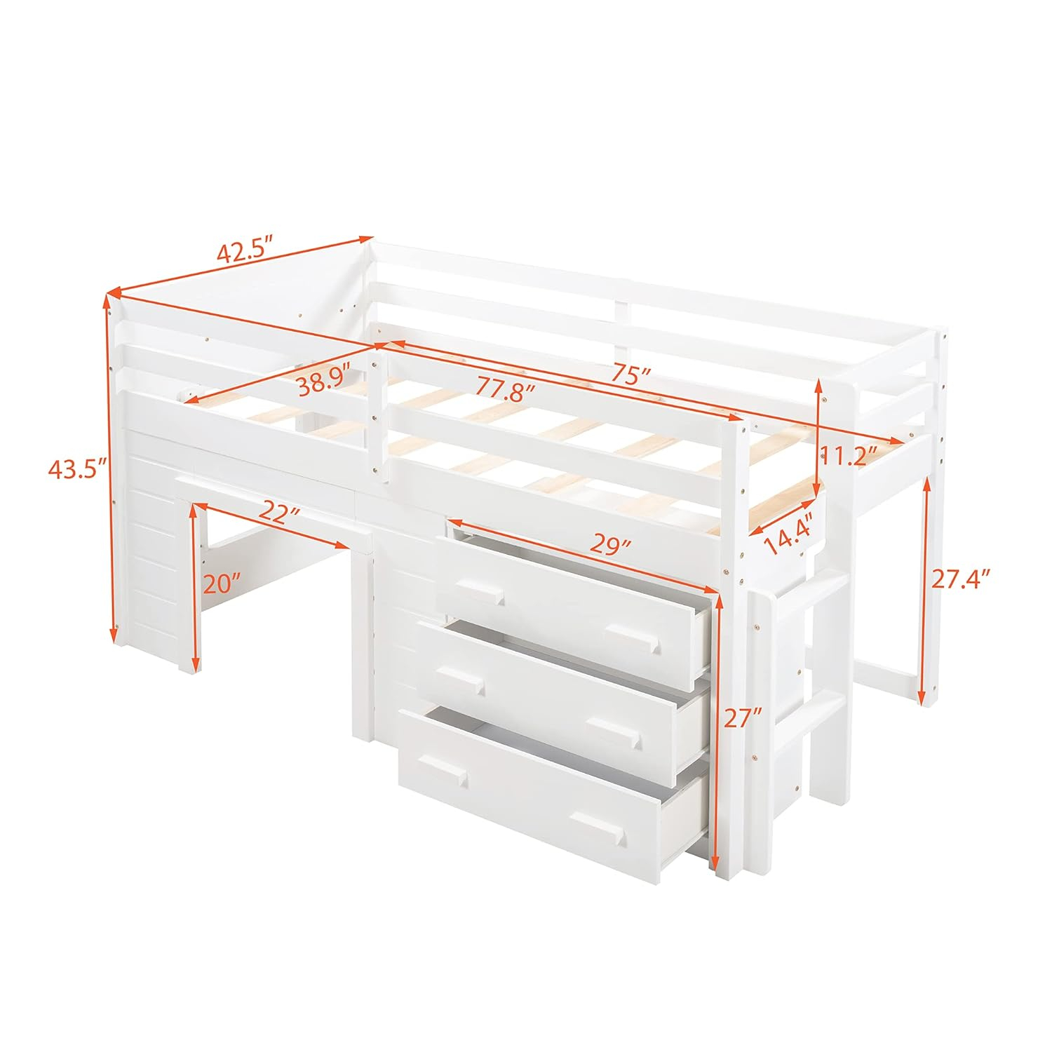 Harper & Bright Designs Low Loft Beds with Storage Drawers, Wooden Twin Loft Bed with Cabinet and Bedside Tray, Kids Loft Bed for Girls & Boys (Twin, White)