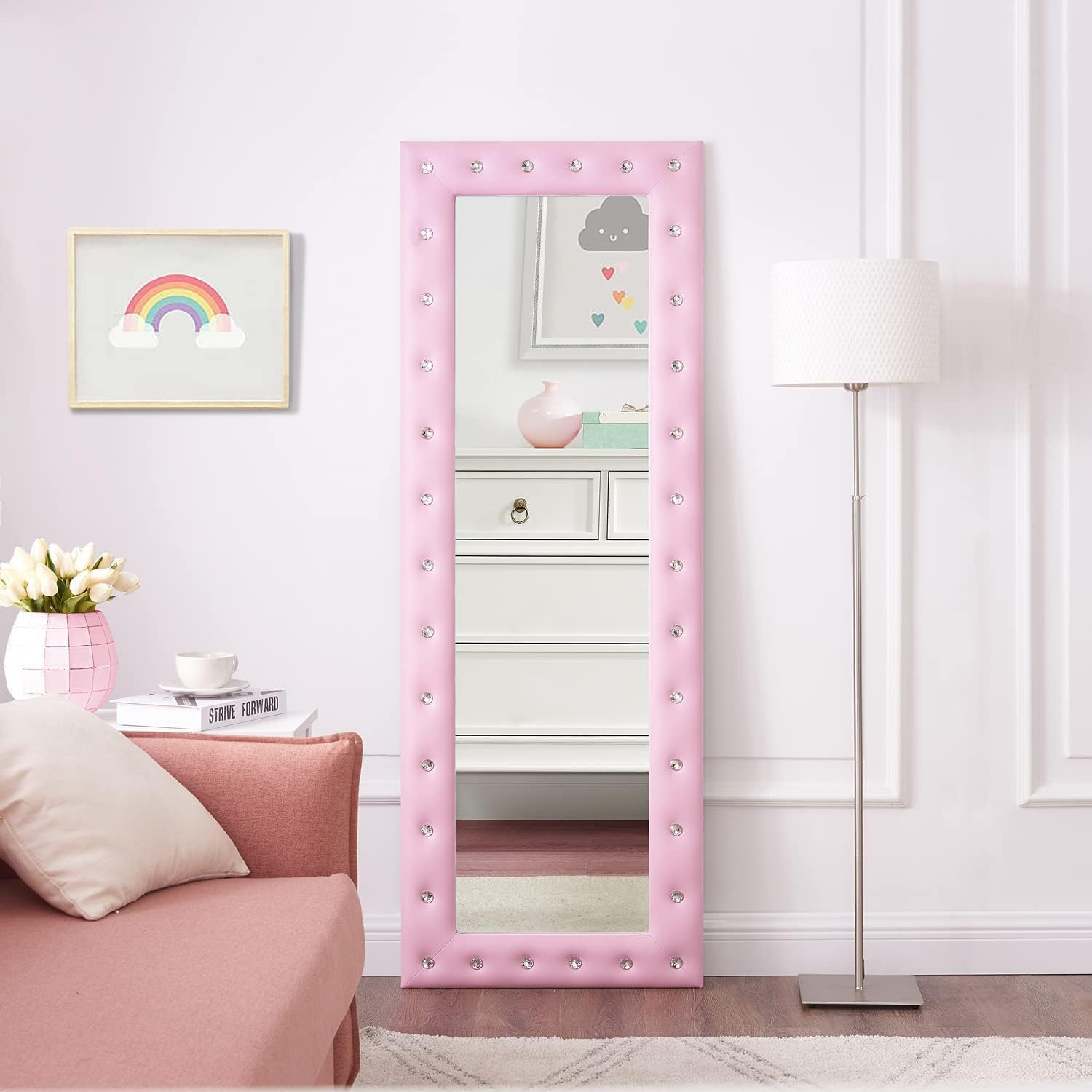 Naomi Home Crystal Tufted Floor Mirror Full Length 63 LX22 W Wall Mirror Full Length Standing Wall with Faux Wood Frame Mirrors for Bedroom - Pink
