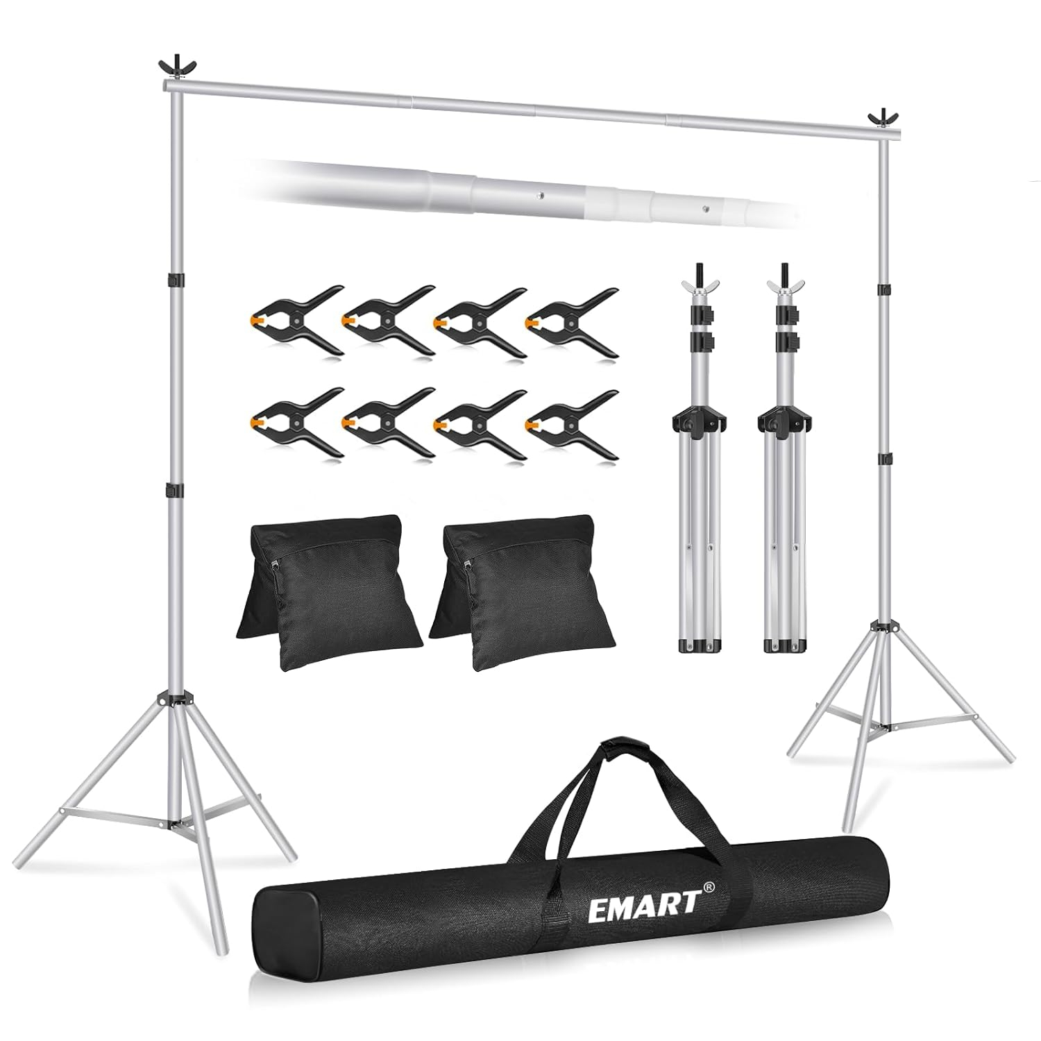 EMART Backdrop Stand 10x7ft(WxH) Photo Studio Adjustable Background Stand Support kit with 2 Crossbars, 8 Clamps, 2 Sandbags and Carry Bag for Parties, Events Decoration, Wedding, Photography -Silver