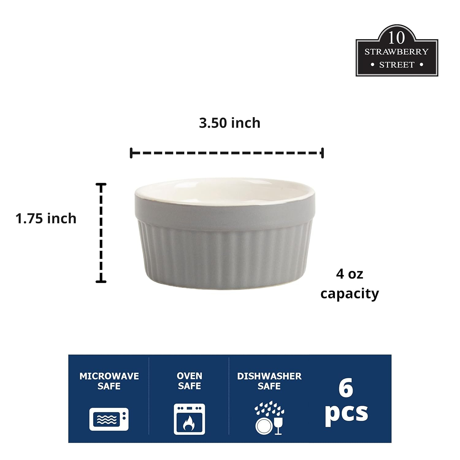 Gray and White Stoneware Ramekin Set of 6, 4 oz
