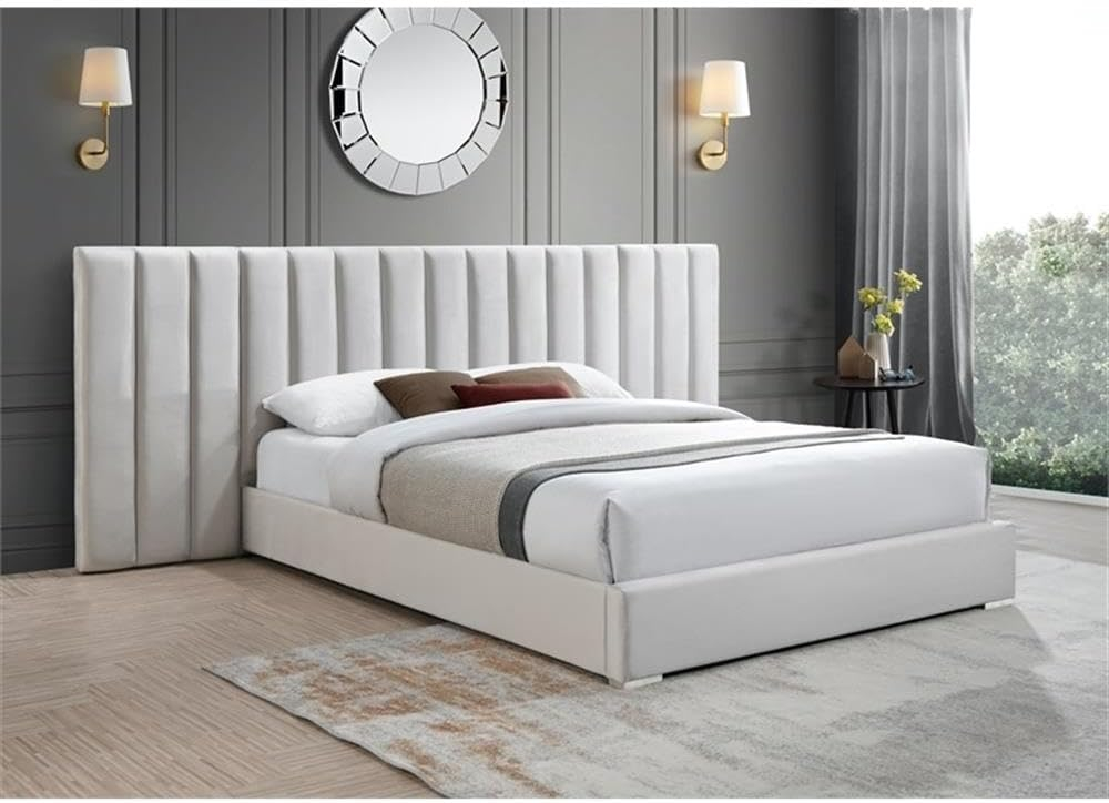 Meridian Furniture Pablo Cream Velvet Queen Bed with Chrome Metal Legs