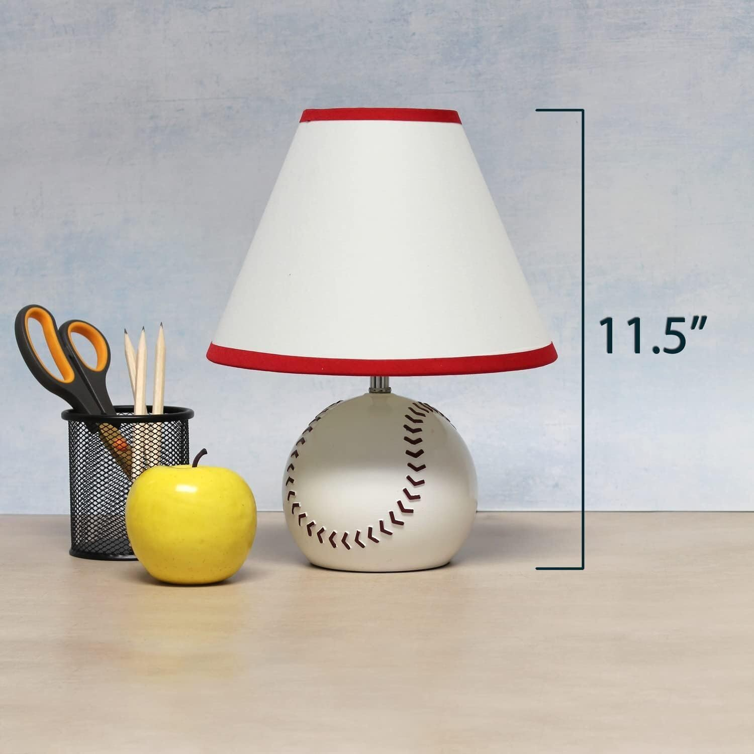 White Ceramic Baseball Table Lamp with Red Trim