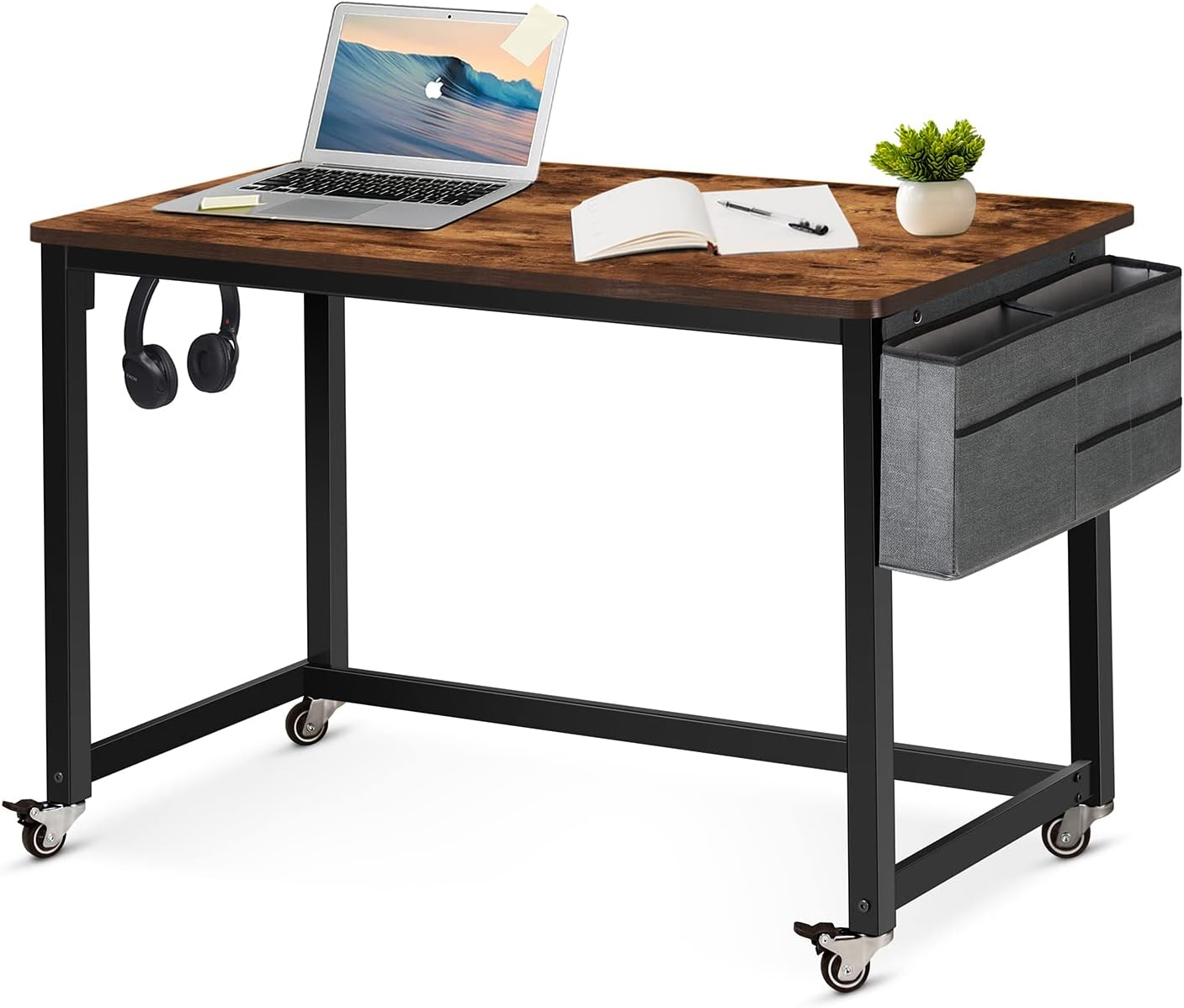 AHB 39" Rolling Computer Desk with 4 Smooth Wheels, Simple Style Mobile Writing Desk Home Office Study Table Movable Workstation with Metal Frame