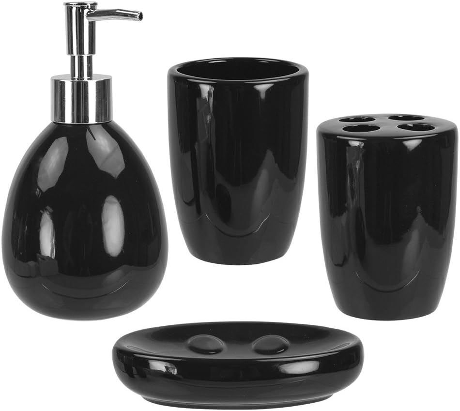 Home Basics 4 Piece Solid Print Ceramic Bath Accessories Sets, Black