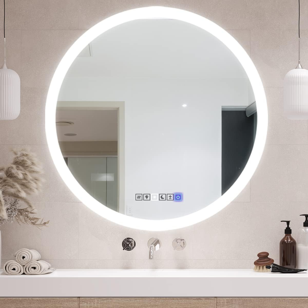 Round Lighted LED Bathroom and Vanity Mirror 28 inch with Anti Fog, Wall Mounted, Dimmer Touch Sensors by Fab Glass and Mirror