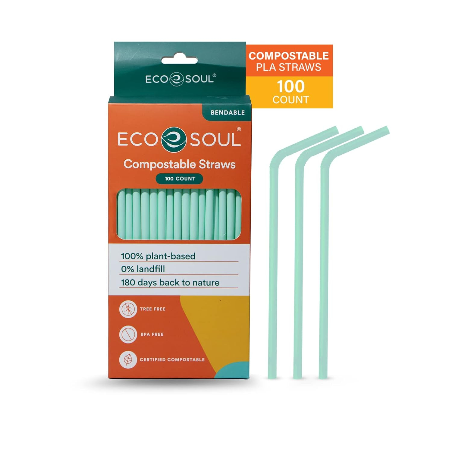 ECO SOUL 100% Compostable Straws [100 Count] [8.25"] Eco-Friendly Biodegradable Sustainable Disposable Straws, Cocktail Cold Drink Smoothie Bendable Straws