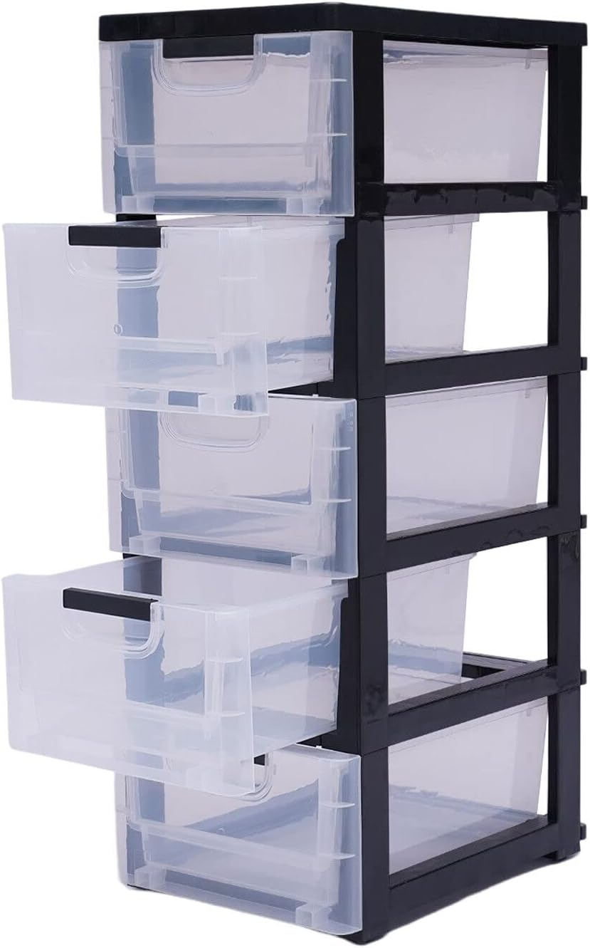 Peakora Plastic drawers dresser with 5 spacious drawers, transparent compartments, sturdy PP material, stackable design, easy to move with wheels, ideal for organizing clothes and accessories