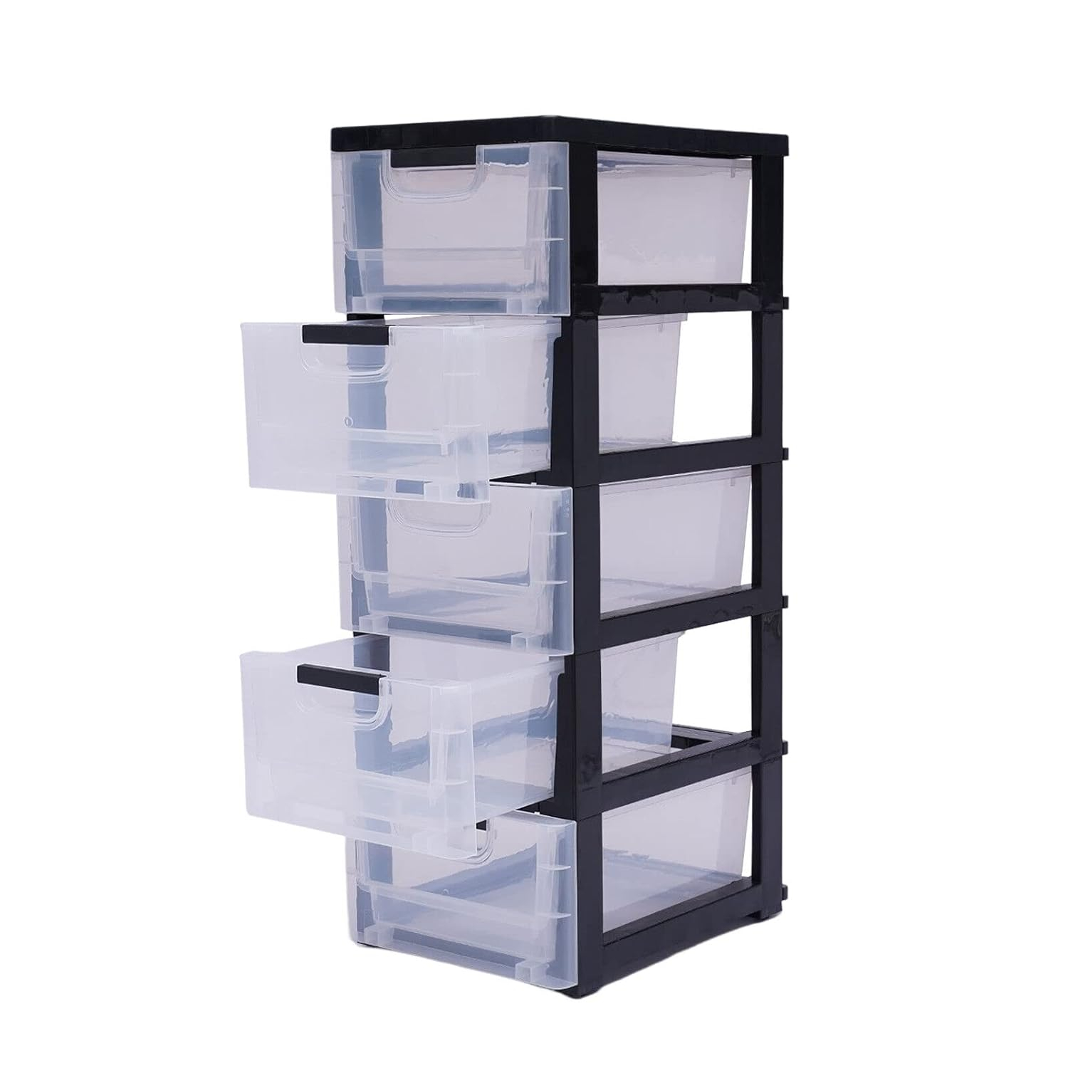 Peakora Plastic drawers dresser with 5 spacious drawers, transparent compartments, sturdy PP material, stackable design, easy to move with wheels, ideal for organizing clothes and accessories