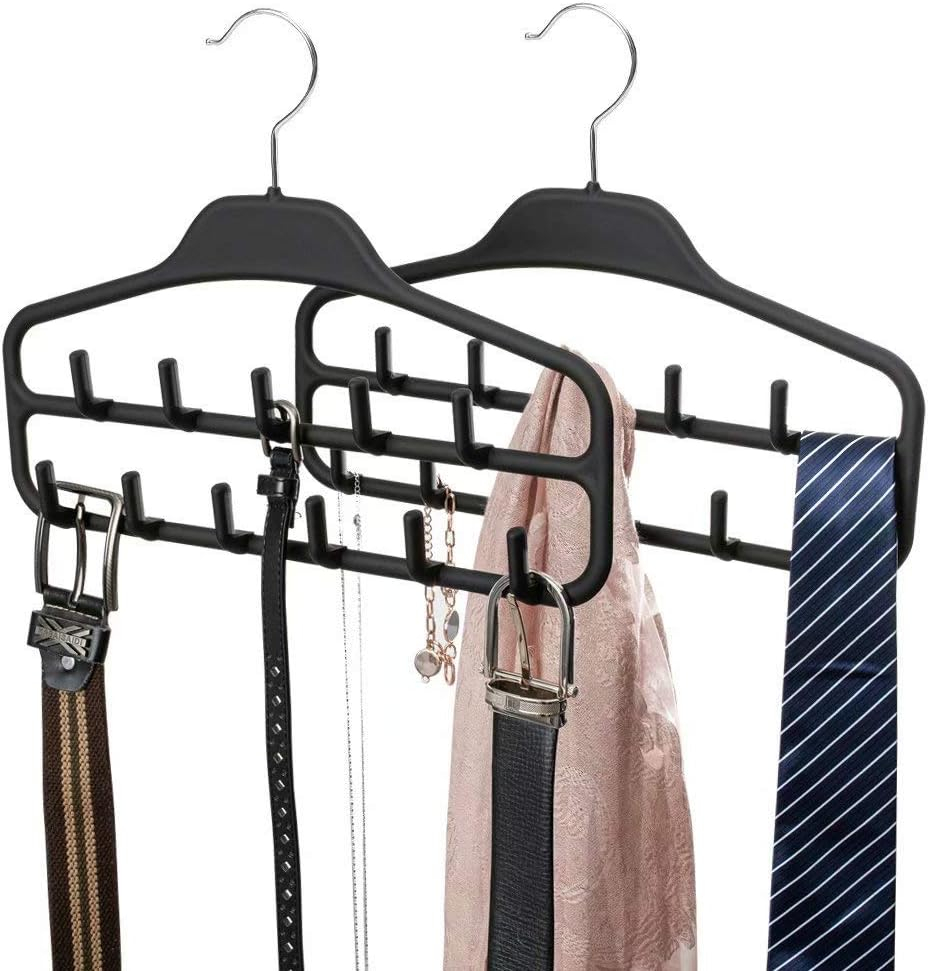 FairyHaus Belt Hanger Organizer 2 Pack, Non Slip Tie Rack Holder, Durable Hanging Closet Accessory Hooks for Belts, Ties, Jewelry, Scarves, Black