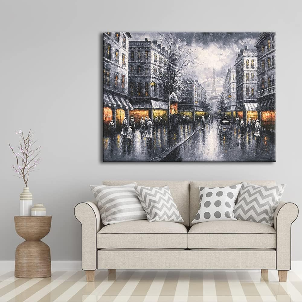 Wieco Art Paris Street View Extra Large Modern Contemporary Cityscape Canvas Print of Oil Paintings Artwork Decorative Landscape Canvas Wall Art for Home Decorations Wall Decor 48"x36"