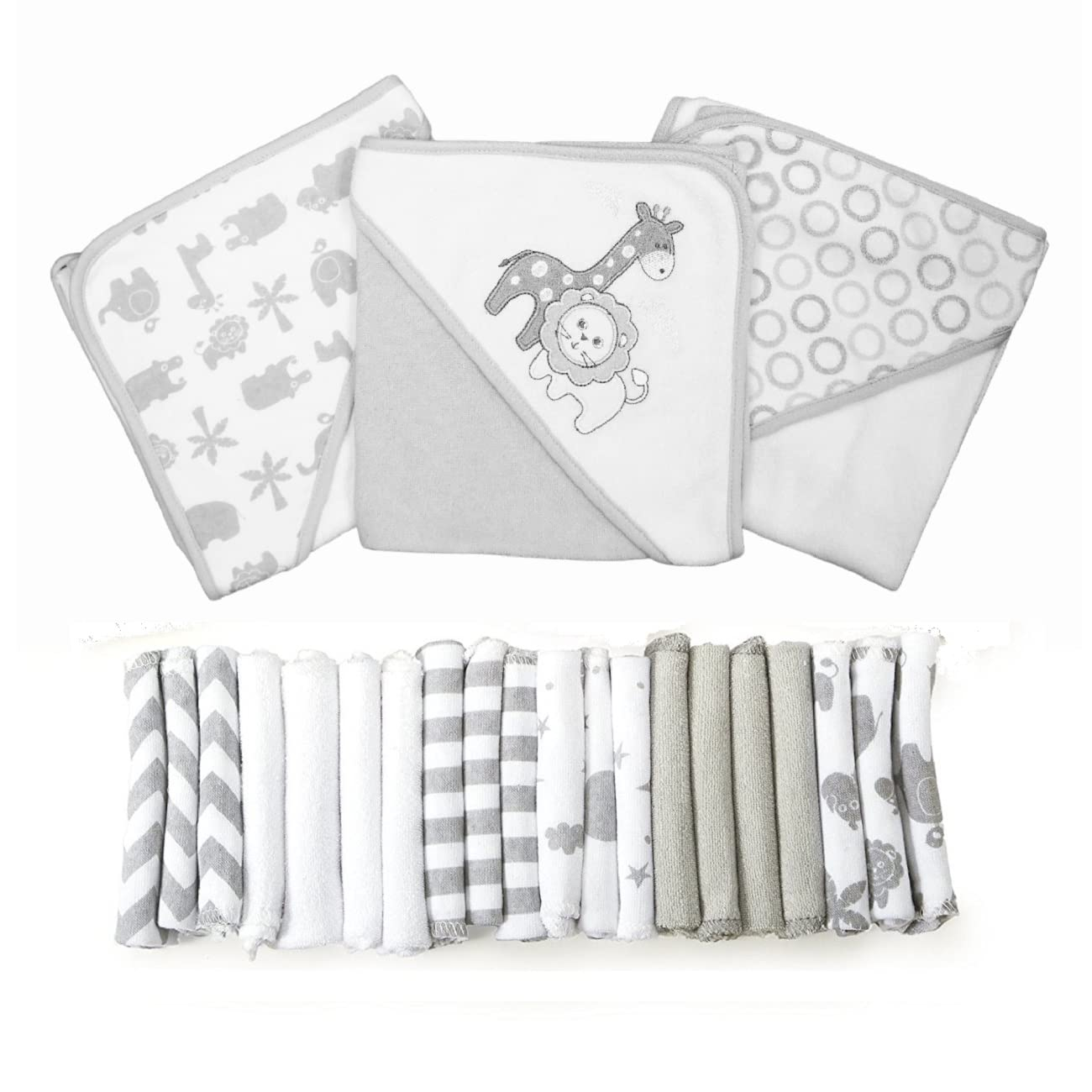 Spasilk Bath Hooded Towels & Washcloths Set for Babies, 23-Piece Gift Set, Gray Lion