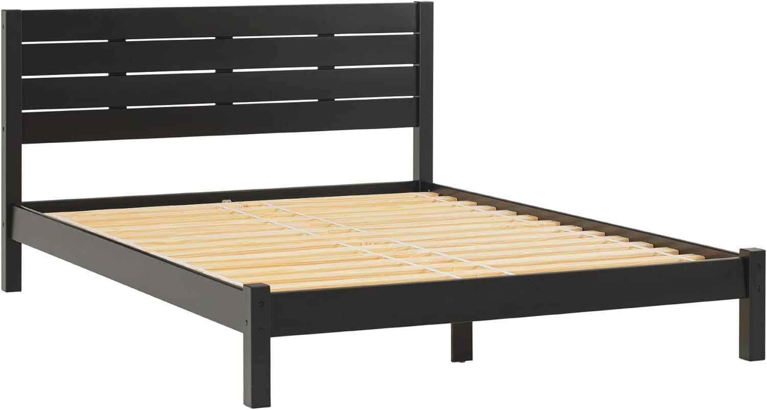 Solid Wood Minimalist Boho Queen Bed with Simple Headboard - Black