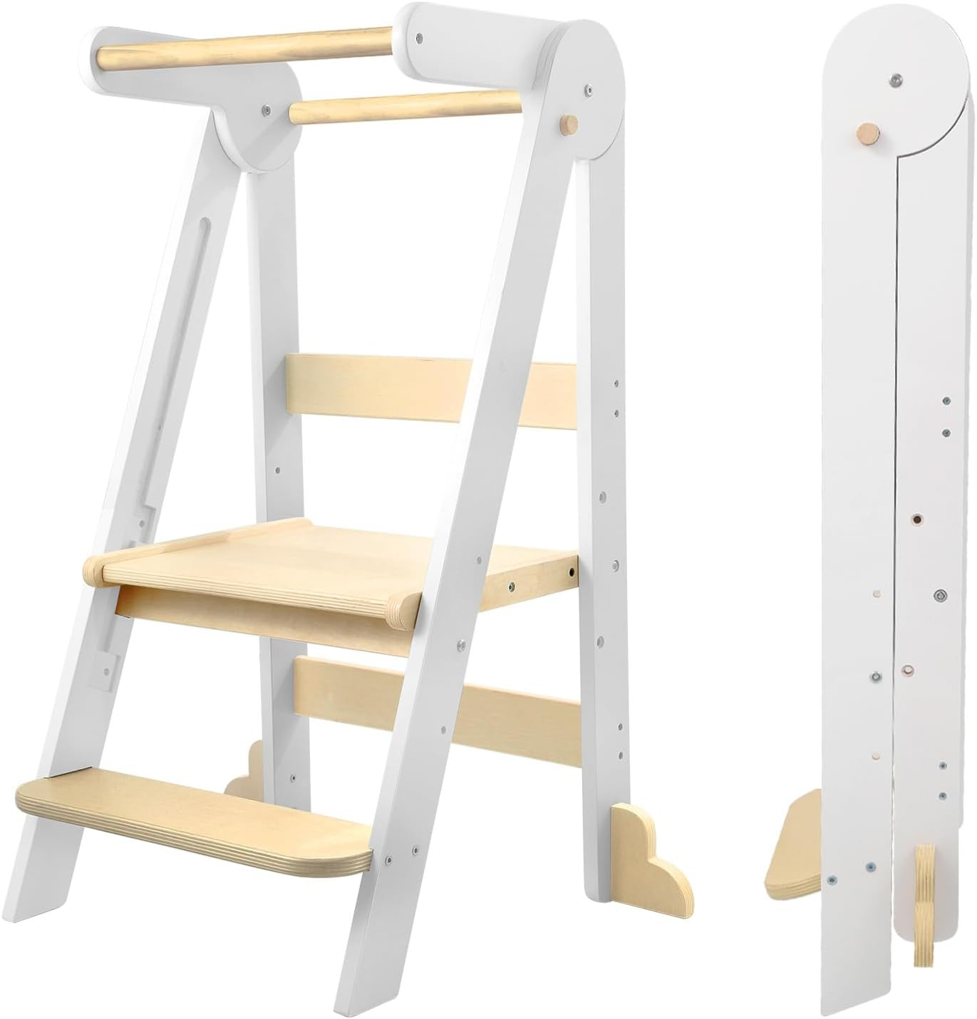 Nordi Foldable Toddler Kitchen Tower, Montessori Kitchen Stools Helper, Standing Tower with 3 Adjustable Heights, Suitable Age for 2-6 Years, White