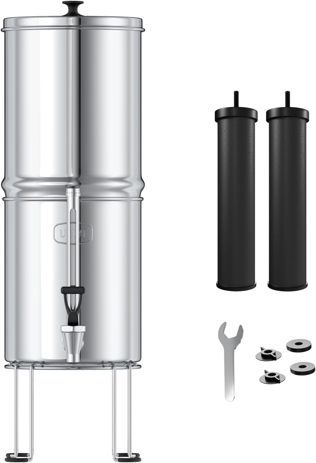 USWF Gravity Fed Water Filter System, 2.25 Gal Stainless Steel, w/ 2 Carbon Filters, Portable w/Metal Sight Glass Spigot & Stand, NSF/ANSI 372 Certified