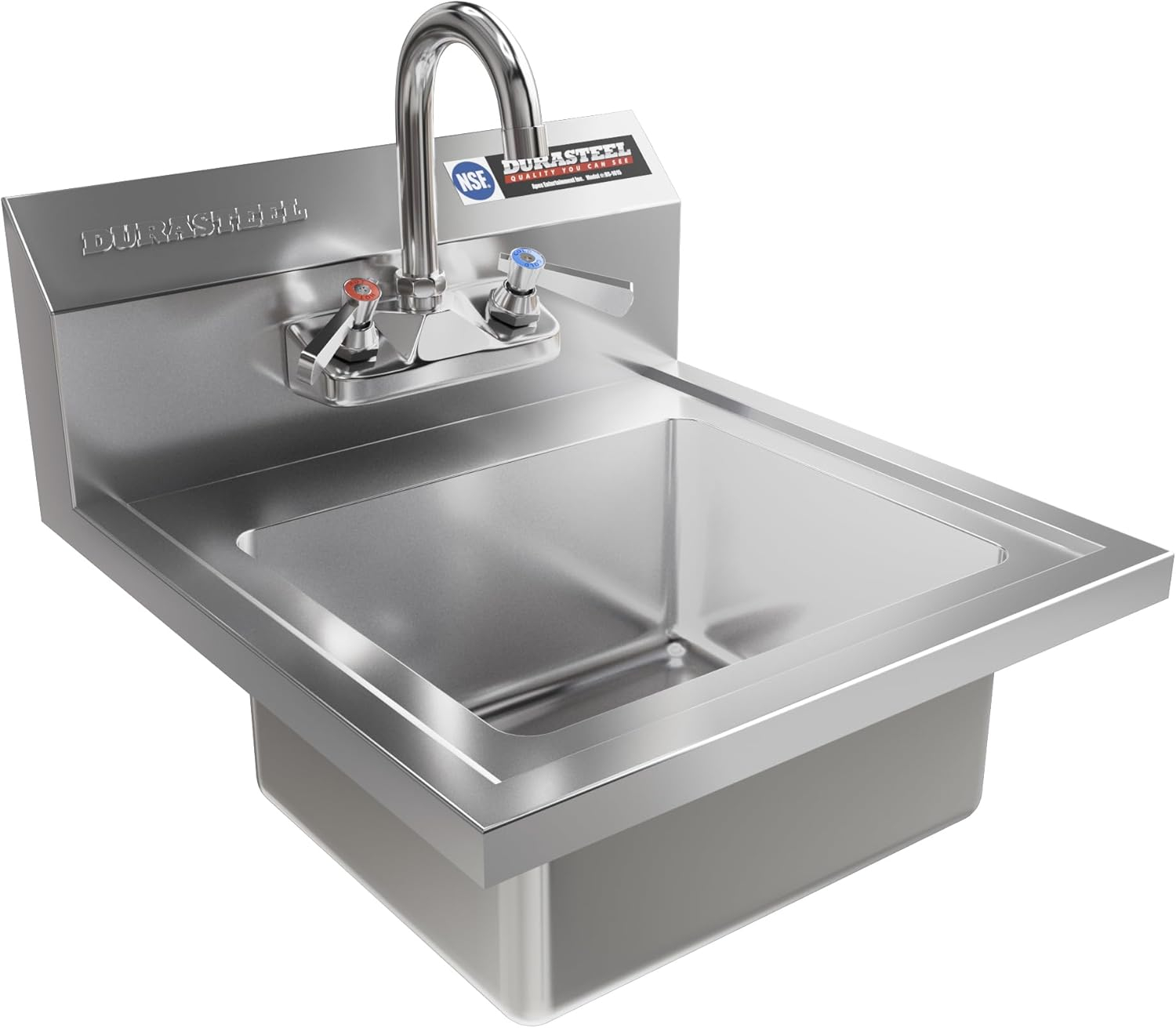 DuraSteel Stainless Steel Sink - NSF Commercial Wall Mount Kitchen Sink - Small Hand Sink with 12" x 10" x 5.5"D Wash Basin - With Sink Strainer and Faucet - For Laundry, Restaurants, Bars, and More