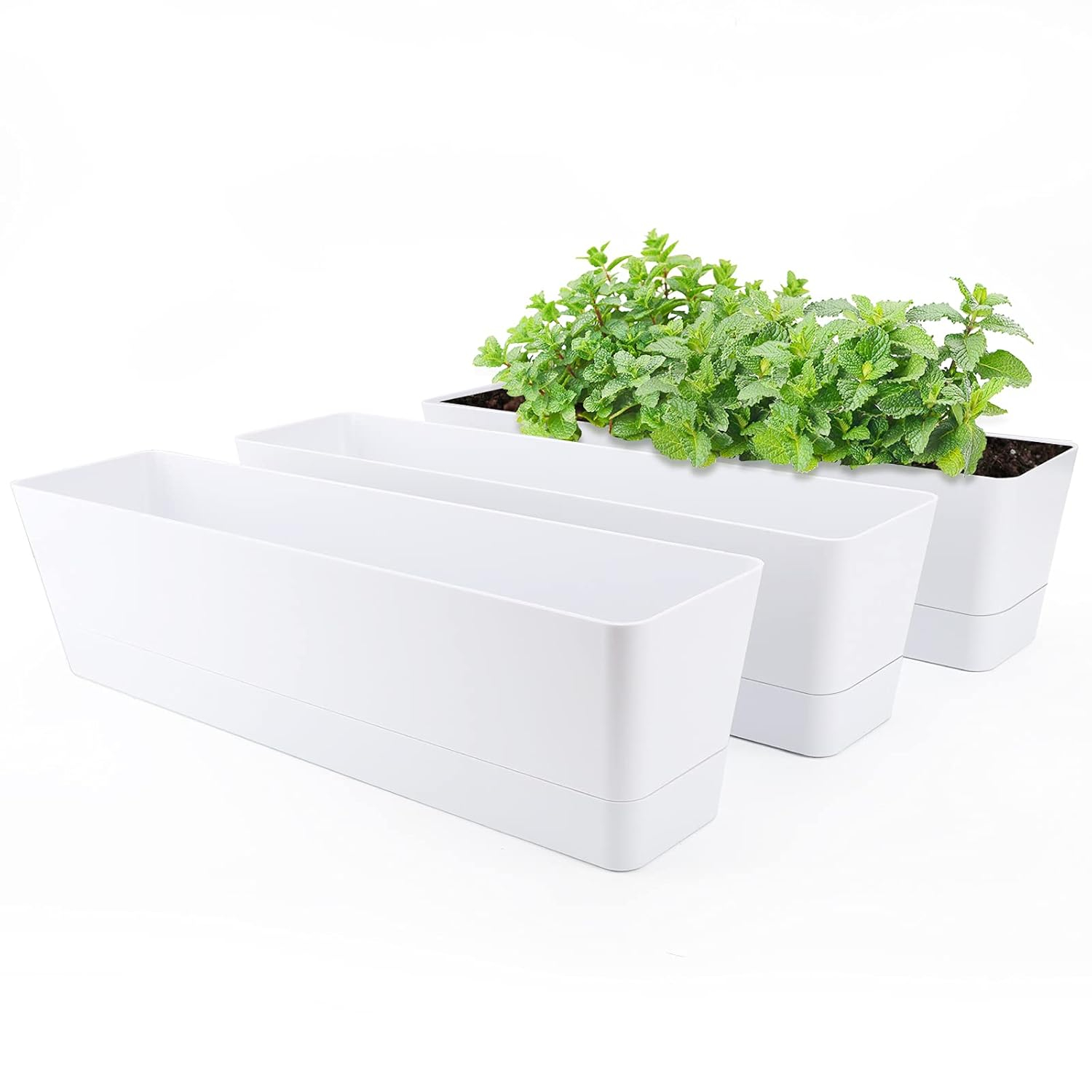 GREANER Window Boxes Planters, 3PCS 16x3.8 Inch Large Herb Planters with Tray, Indoor Succulent Cactus Flowers Vegetable Plastic Rectangle Pots for Balcony, Office, Garden, Outdoor, Windowsill (White)
