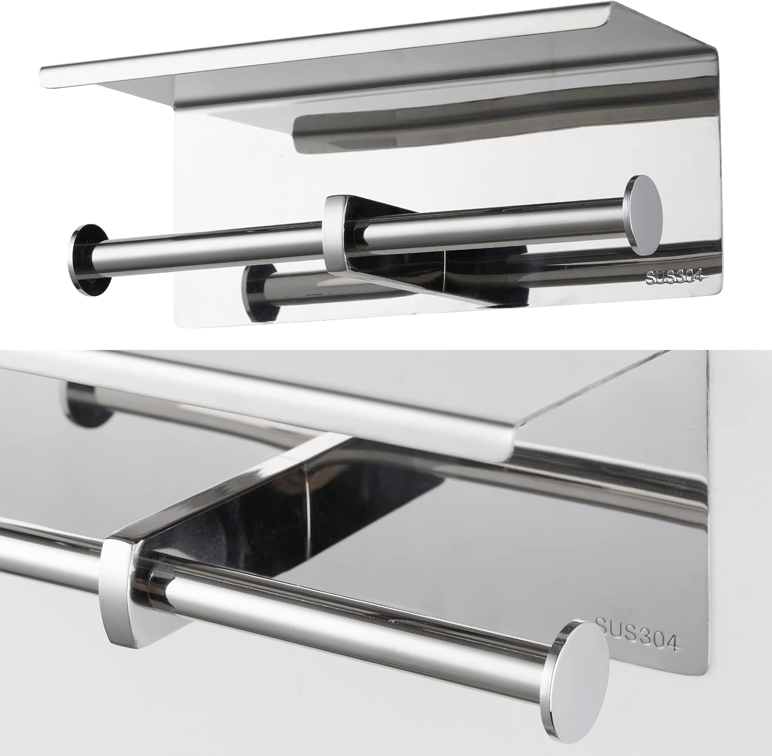 Brushed Nickel Toilet Paper Holder with Shelf – Heavy Duty 304 Stainless Steel Wall Mount Double Roll Holder, Fits Mega Rolls & Holds Phone – Rustproof Bathroom Organizer