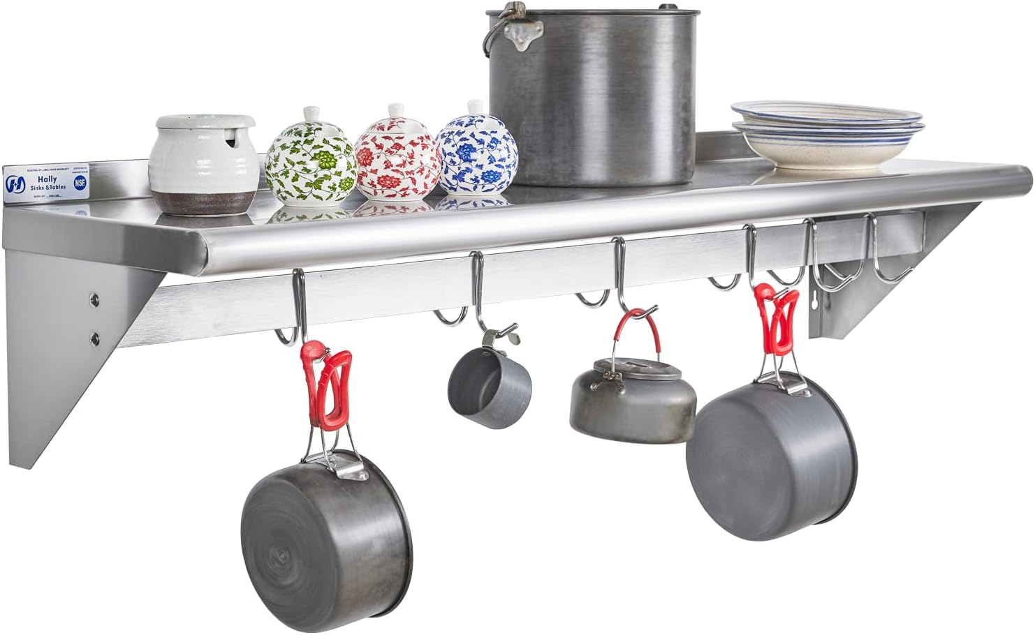 HALLY Stainless Steel Shelf with 6 Hooks 12" x 48" Wall Mounted Pot Rack, NSF Commercial Floating Shelving for Storage Hanging Pots, Pans, cookware in Restaurant, Kitchen, Home and Hotel