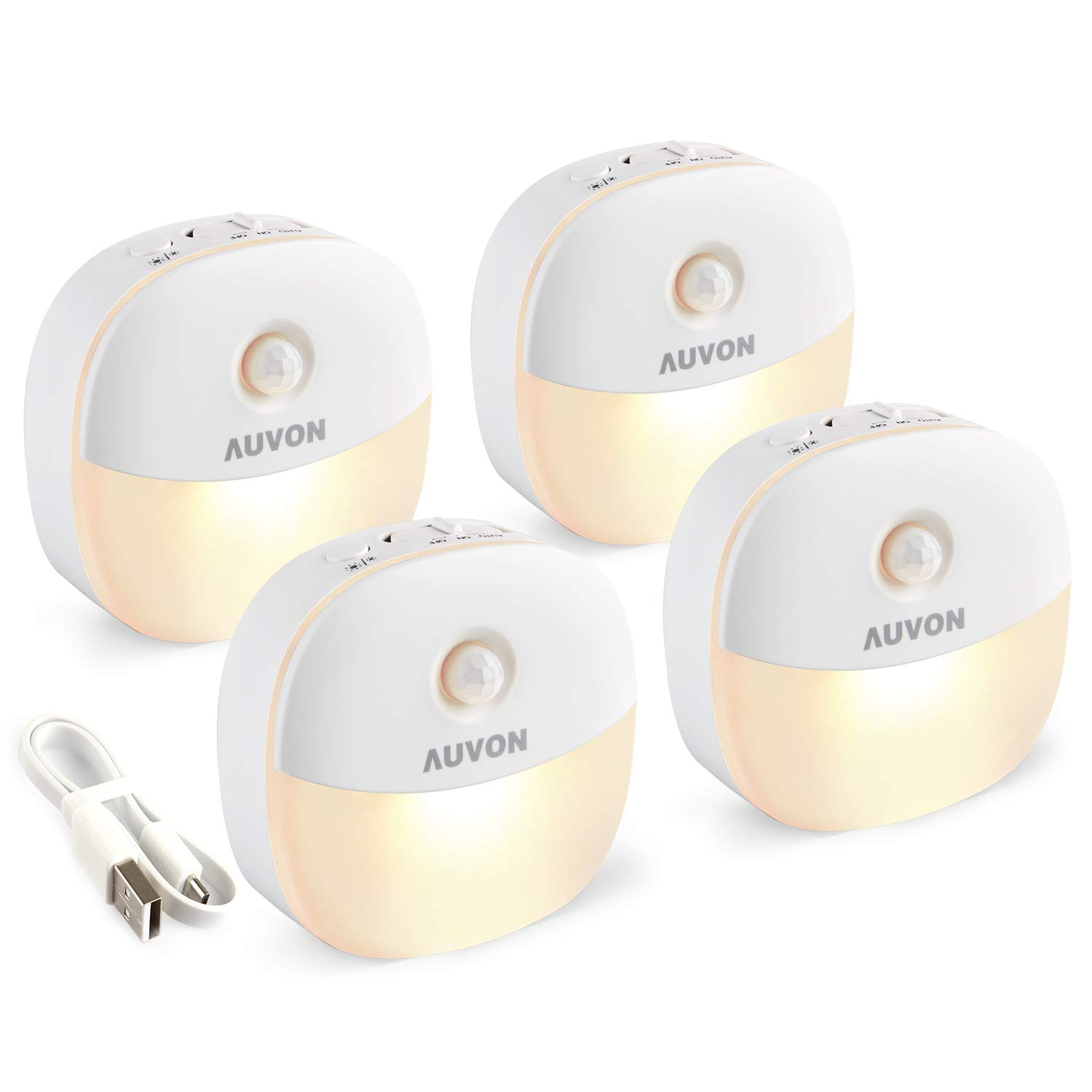 AUVON Plug in Night Light with Motion Sensor and Dusk to Dawn Sensor, Mini Warm White LED Nightlight with 1-50 lm Adjustable Brightness for Bathroom, Hallway, Stairs, Bedroom, Kitchen (4 Pack)