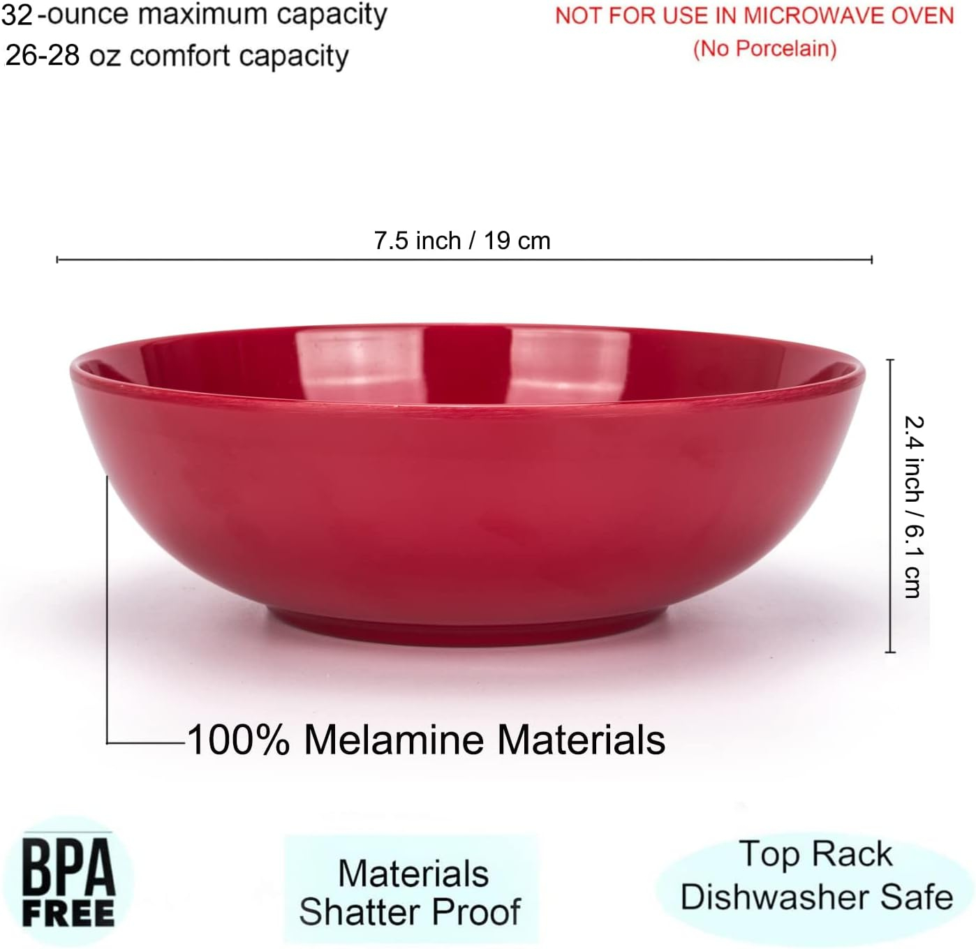 KX-Ware 7.5 inch Melamine Pasta and Salad Bowl, Set of 6 Multicolor
