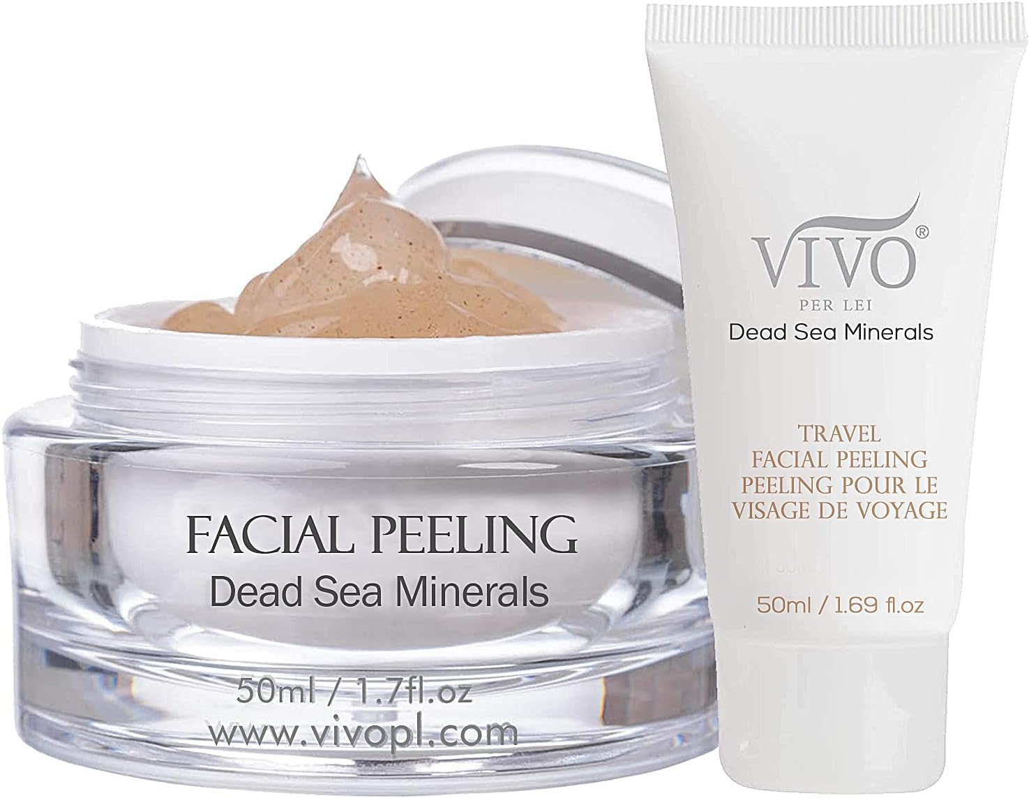 Vivo Per Lei Facial Peeling Gel - Contains Dead Sea Minerals and Nut Shell Powder - Gentle Face Exfoliator Scrub and Blackhead Remover - Peel Your Skin to a Fresher You - 3.4 Fl. Oz.