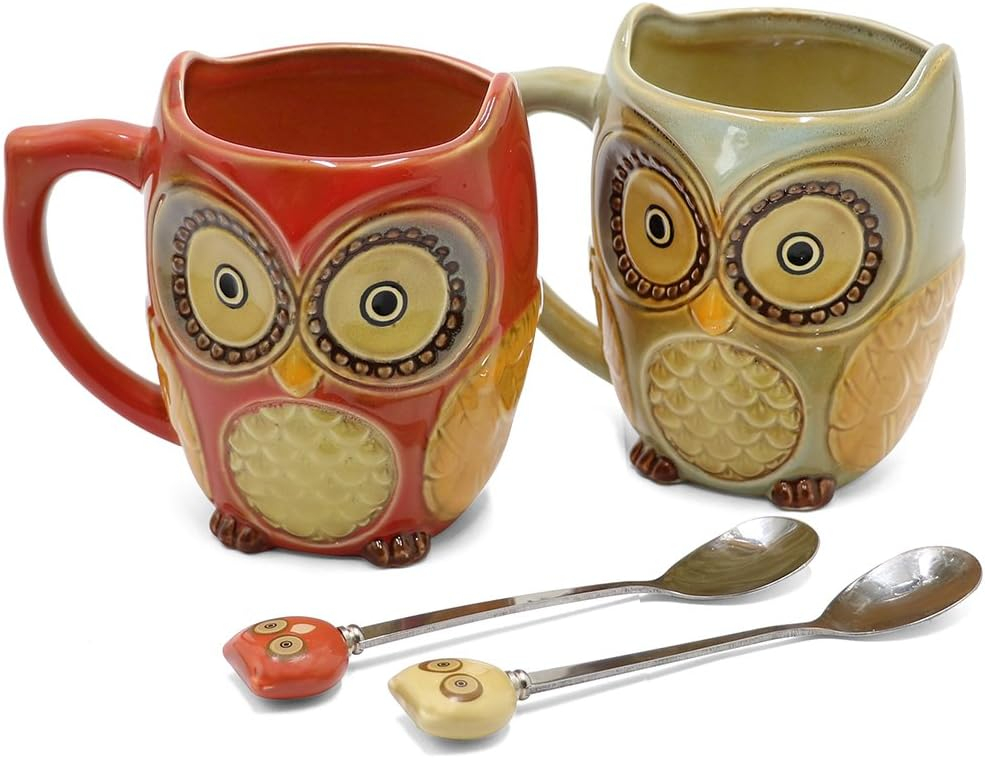 SQOWL 3D Coffee Mug Cute Set of 2 Owl Ceramic Coffee Mugs with spoons Office Tea Cups for Women Men 12 oz Cyan and Red