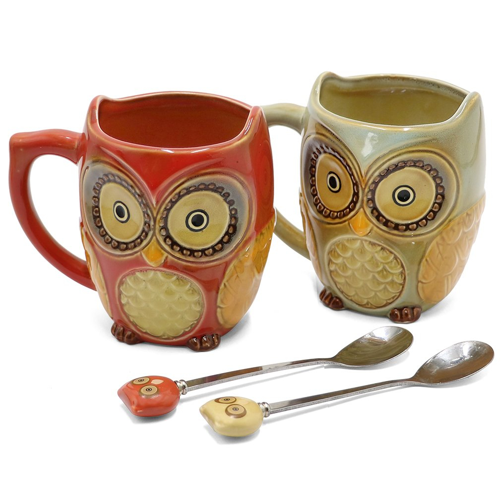 SQOWL 3D Coffee Mug Cute Set of 2 Owl Ceramic Coffee Mugs with spoons Office Tea Cups for Women Men 12 oz Cyan and Red