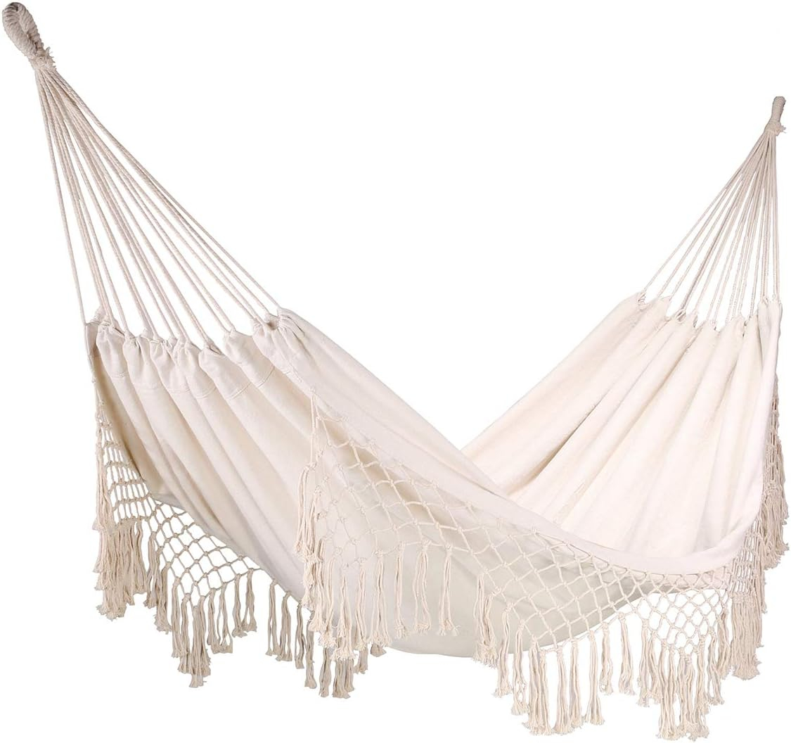 Beige Cotton Rope Hammock Chair Swing for Indoor and Outdoor
