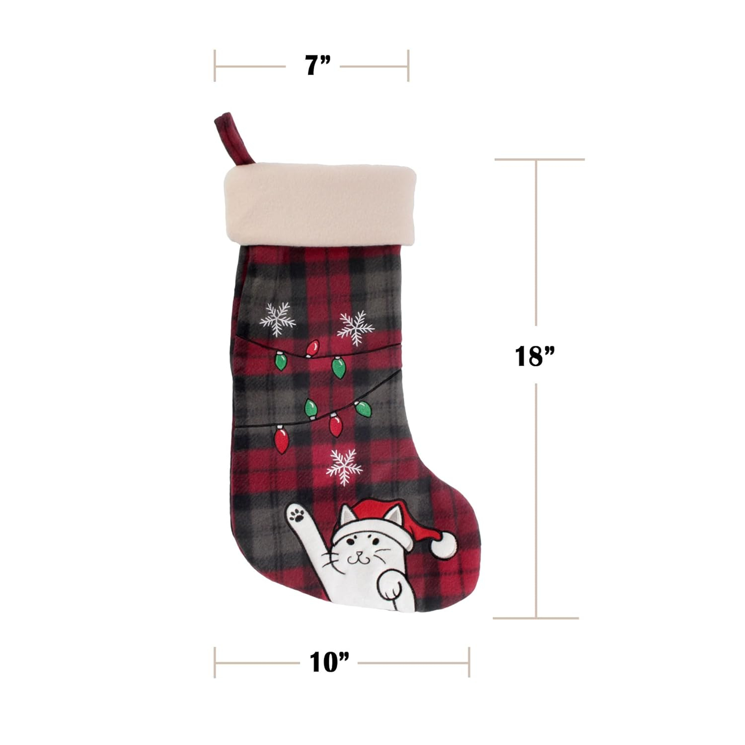 BambooMN 1 Pc Set 18" Classic Hand Embroidered Sequined Cute Animal Christmas Stocking, 16 Naughty Cat Plaid
