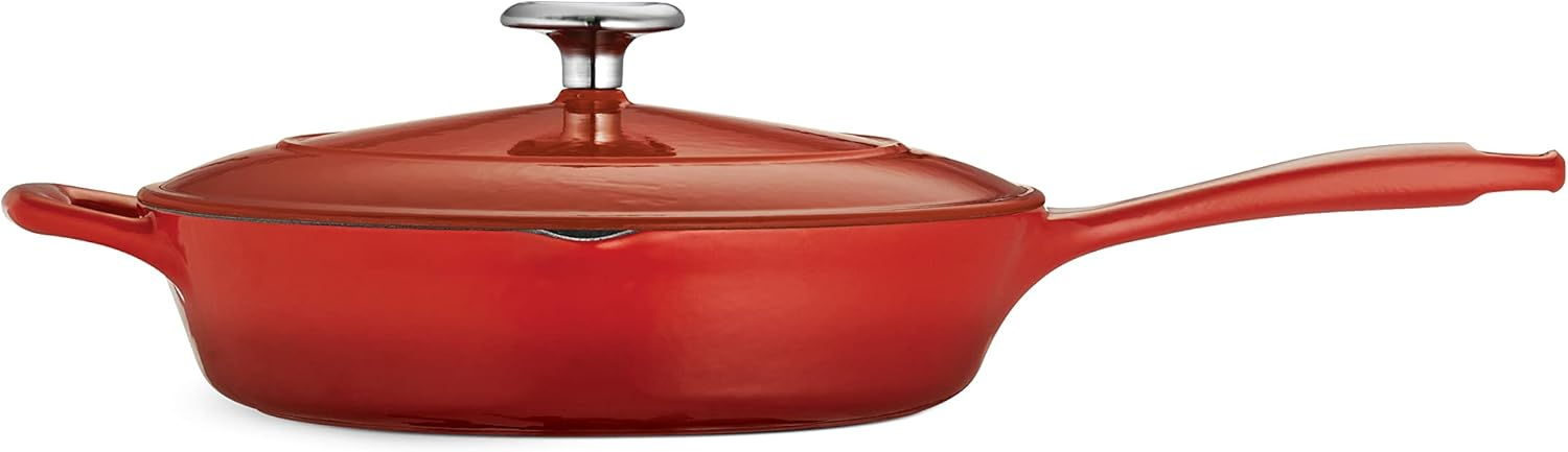 10-Inch Red Enameled Cast Iron Skillet with Lid