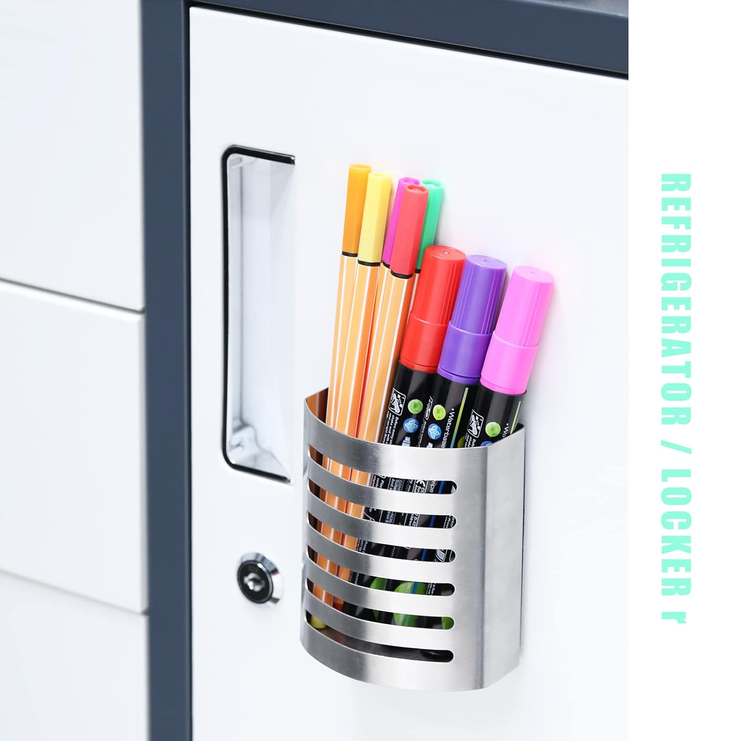 Magnetic Modern Pen and Pencil Holder, Metal Writing Utensil Storage Organizer for Kitchen, Locker, Home, or Office, 3.25" x 1.75" x 3.50", Brushed Stainless Steel